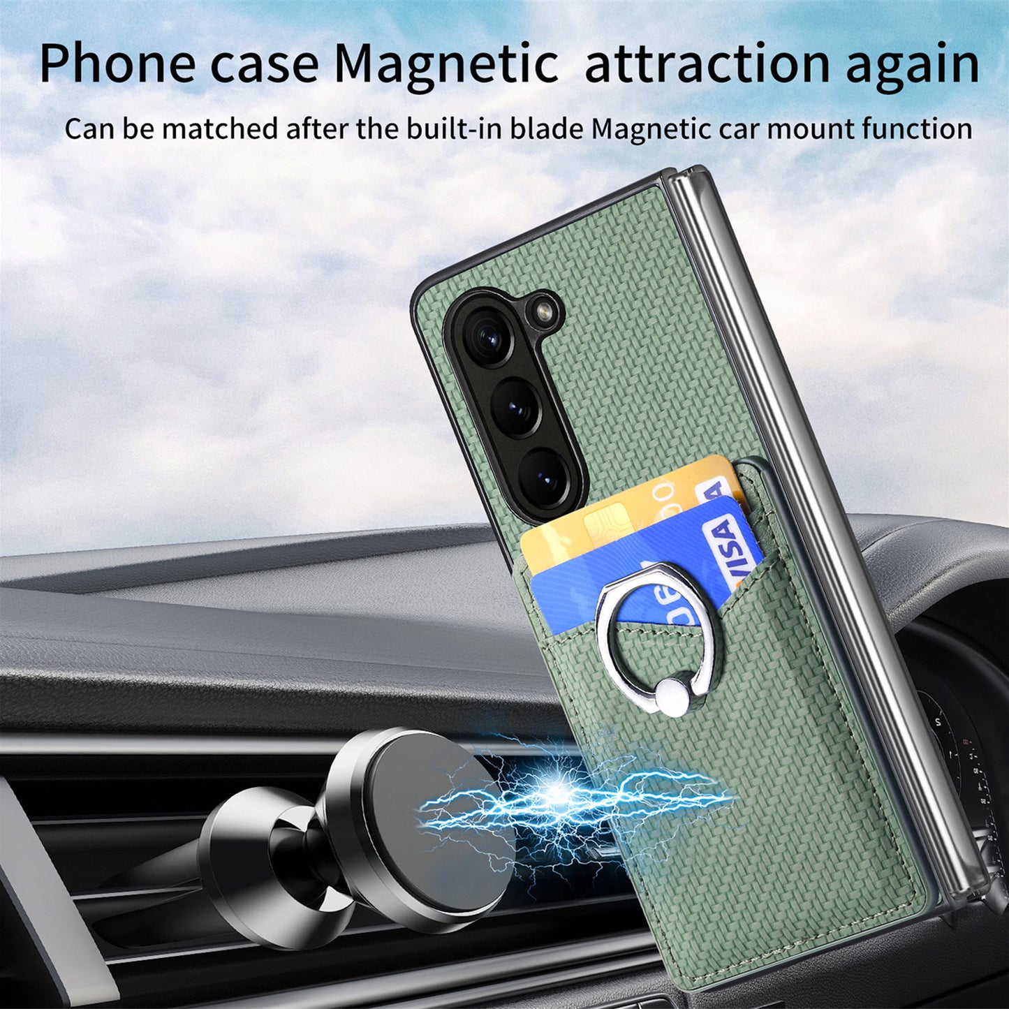 For Samsung Galaxy Z Fold6 5G Case Carbon Fiber Leather Back Cover Ring Holder Kickstand - Green