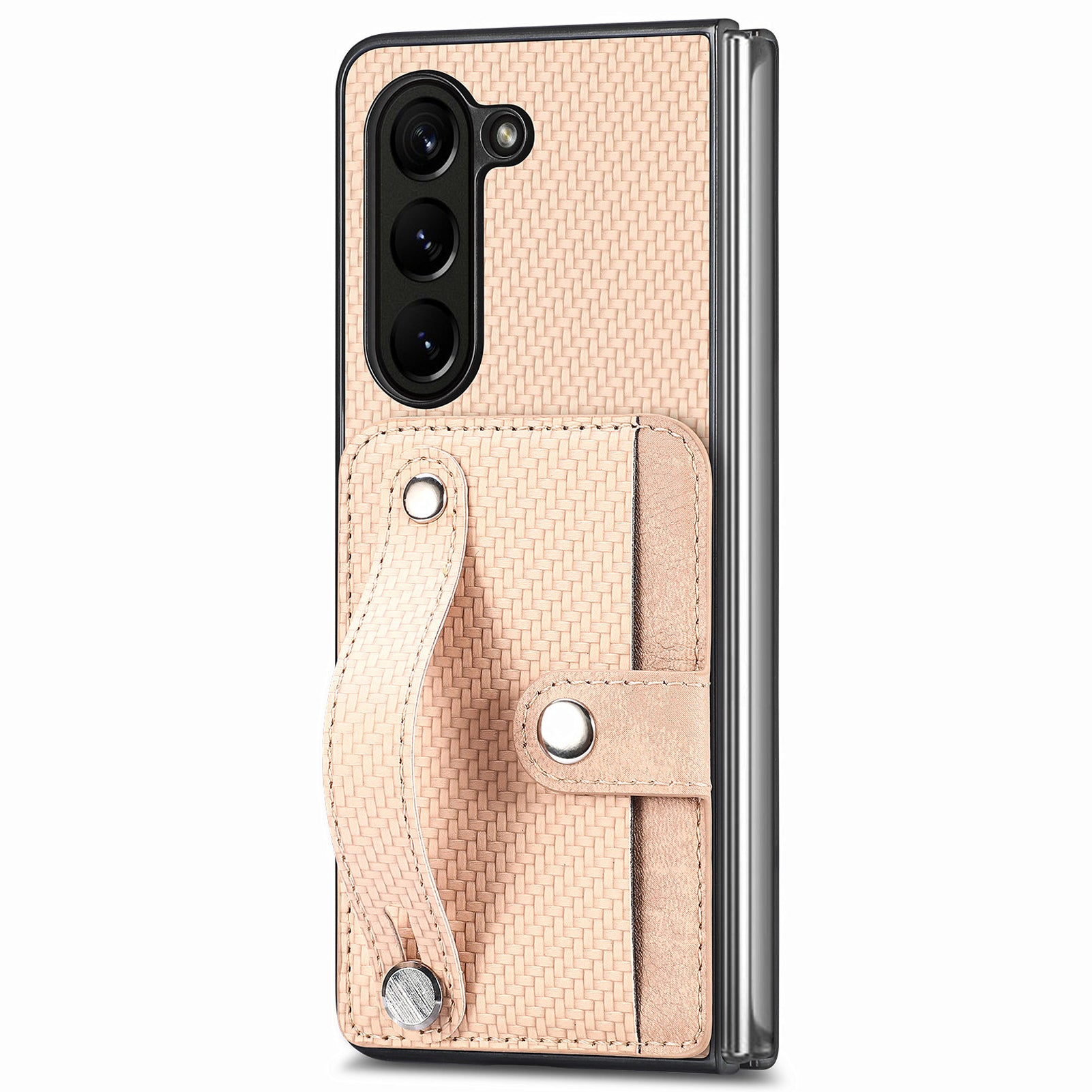 For Samsung Galaxy Z Fold6 5G Case Wristband PU Leather Phone Back Cover Carbon Fiber Texture - Khaki
