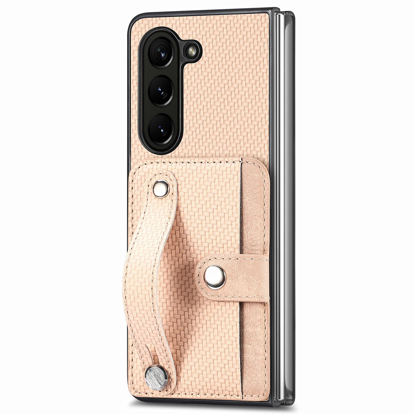 For Samsung Galaxy Z Fold6 5G Case Wristband PU Leather Phone Back Cover Carbon Fiber Texture - Khaki