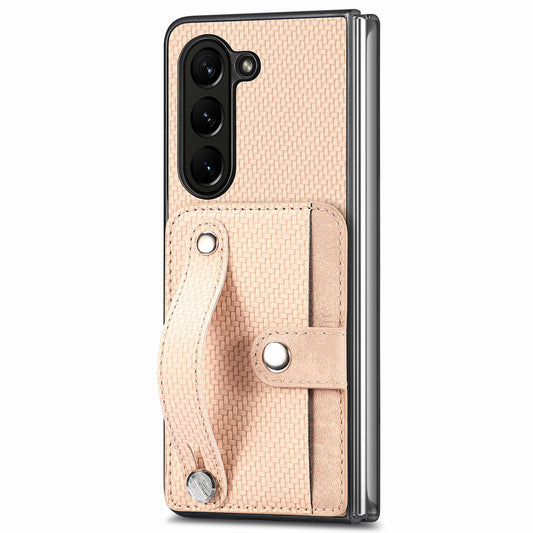 For Samsung Galaxy Z Fold6 5G Case Wristband PU Leather Phone Back Cover Carbon Fiber Texture - Khaki