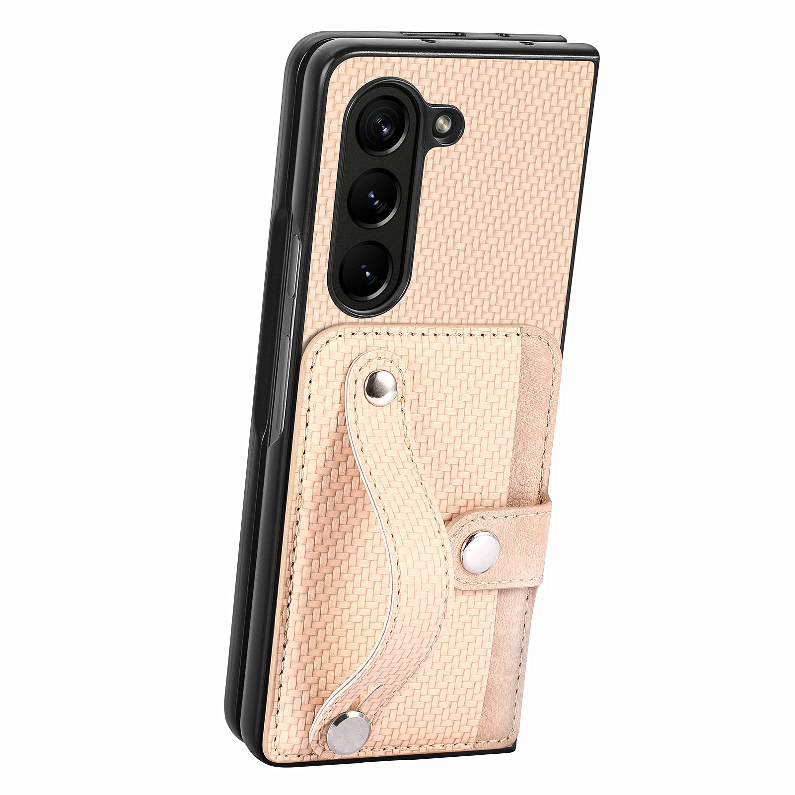 For Samsung Galaxy Z Fold6 5G Case Wristband PU Leather Phone Back Cover Carbon Fiber Texture - Khaki