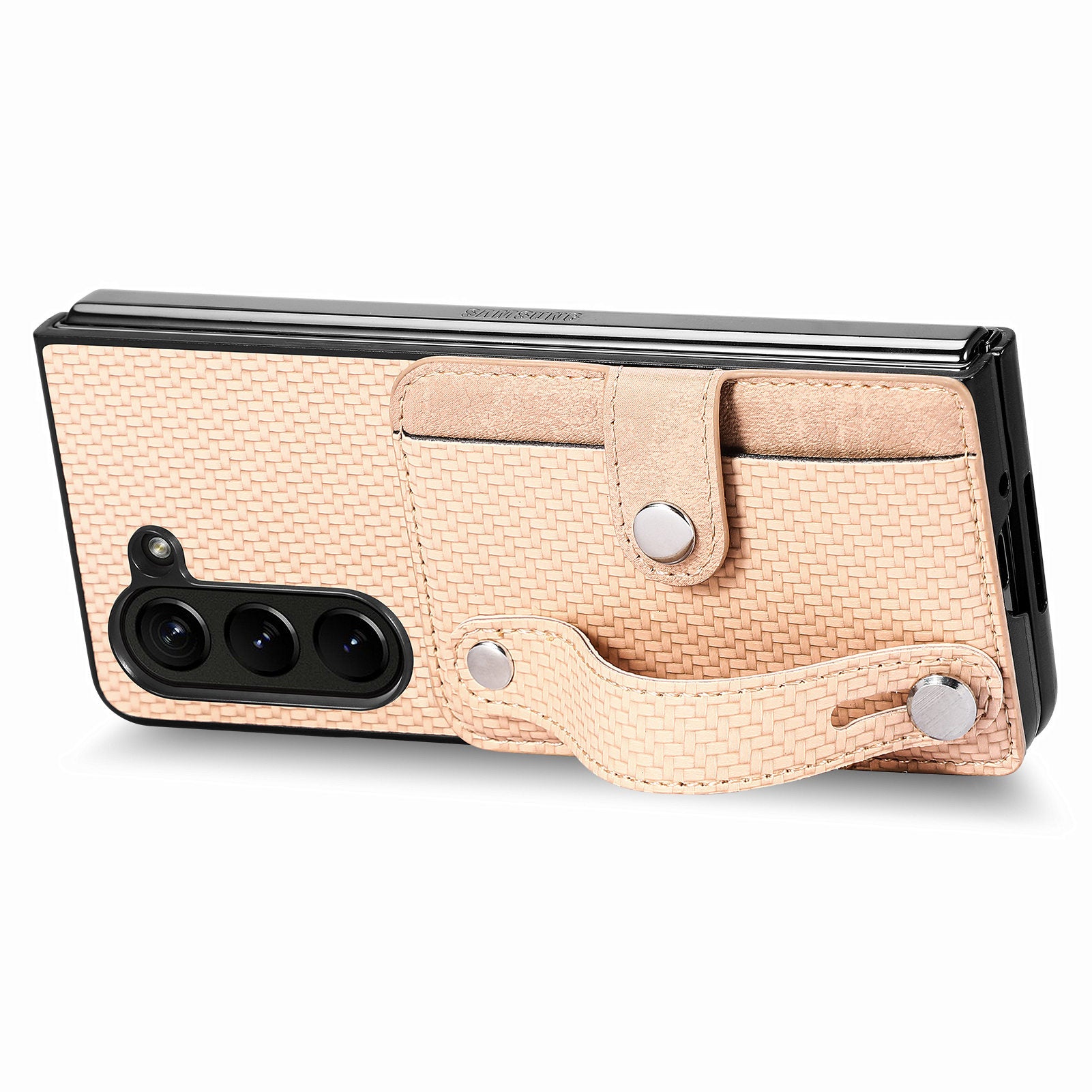 For Samsung Galaxy Z Fold6 5G Case Wristband PU Leather Phone Back Cover Carbon Fiber Texture - Khaki