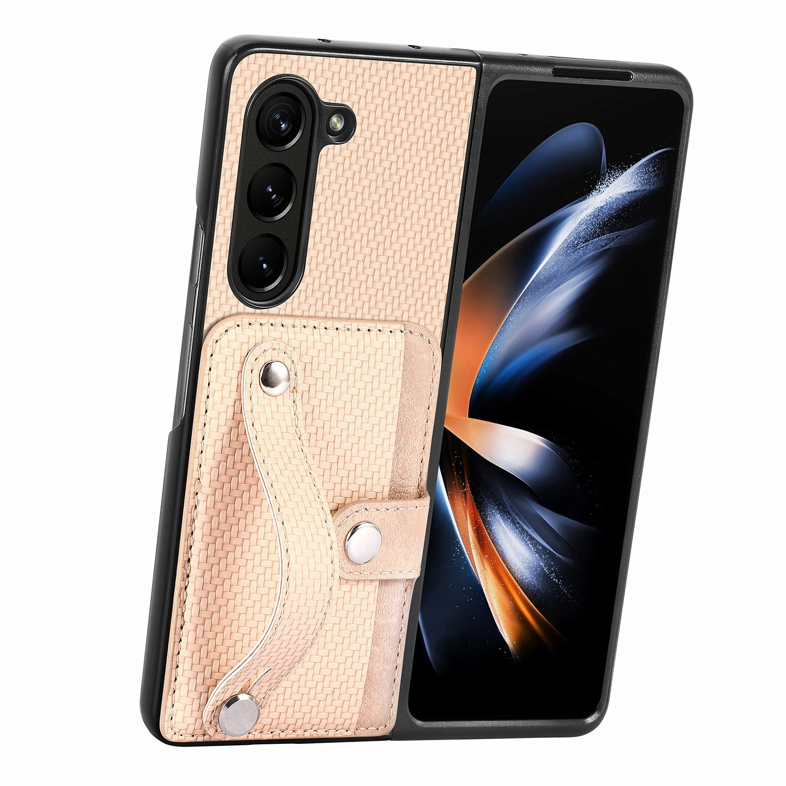 For Samsung Galaxy Z Fold6 5G Case Wristband PU Leather Phone Back Cover Carbon Fiber Texture - Khaki