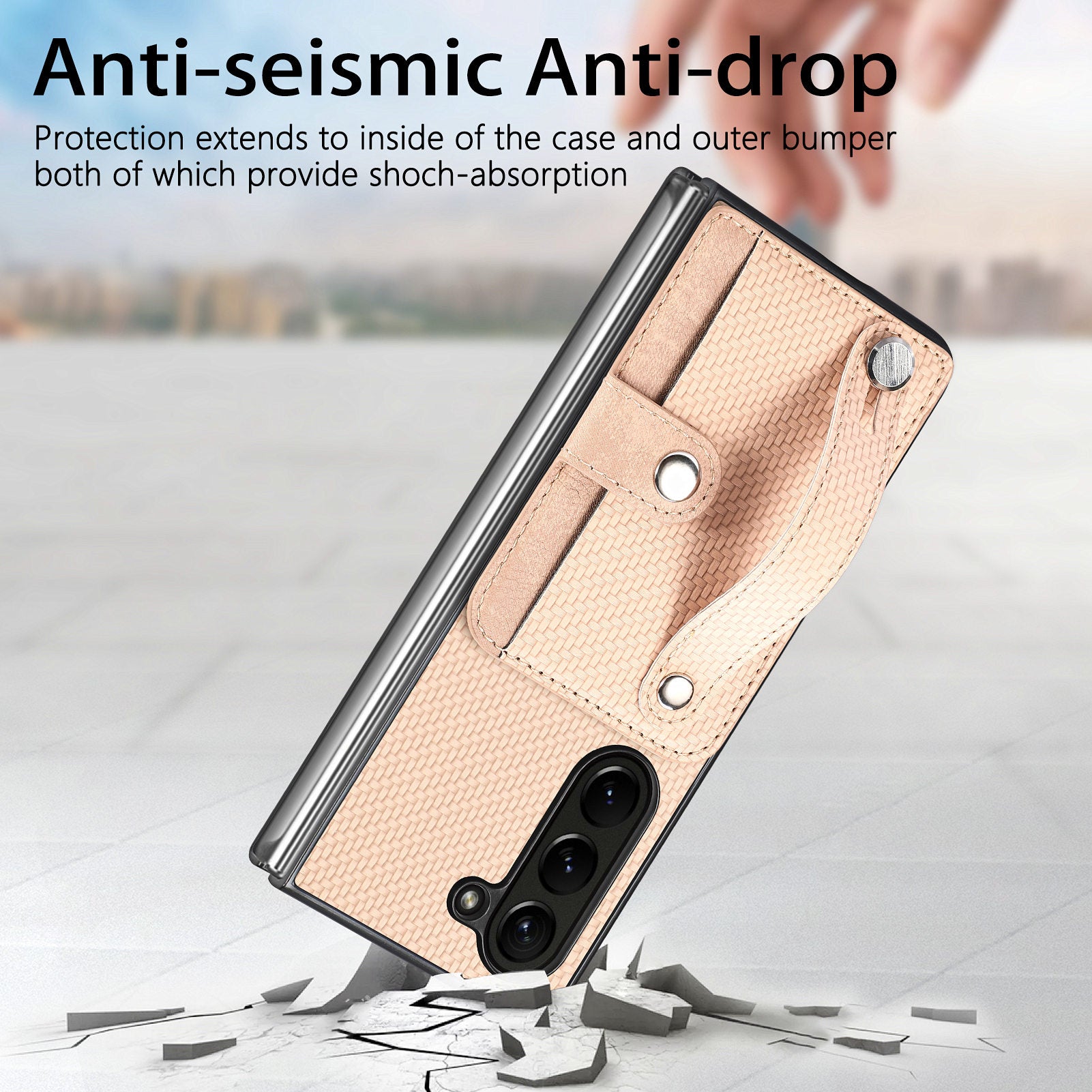 For Samsung Galaxy Z Fold6 5G Case Wristband PU Leather Phone Back Cover Carbon Fiber Texture - Khaki