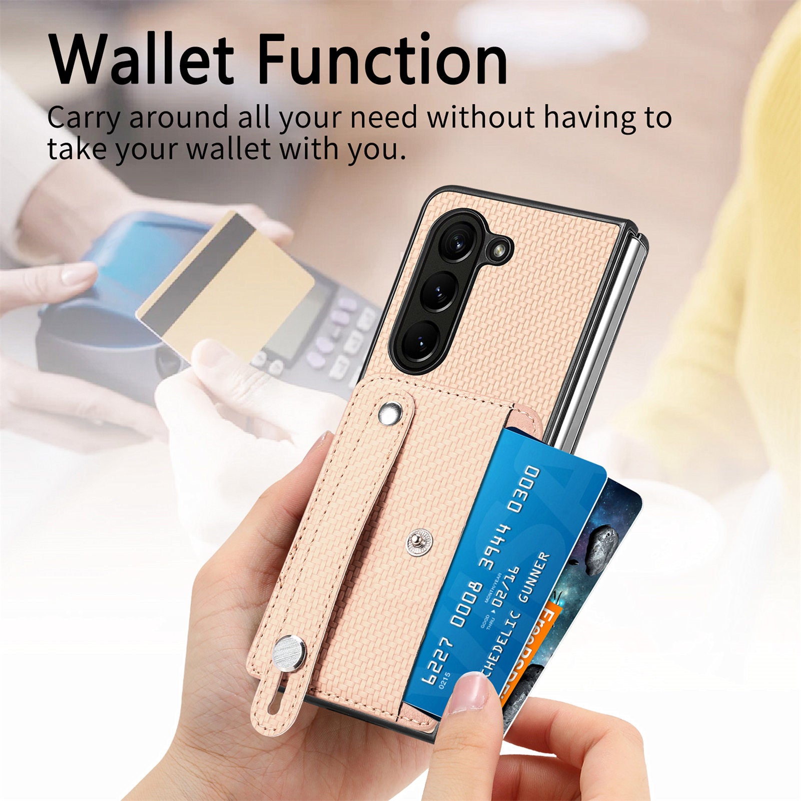 For Samsung Galaxy Z Fold6 5G Case Wristband PU Leather Phone Back Cover Carbon Fiber Texture - Khaki