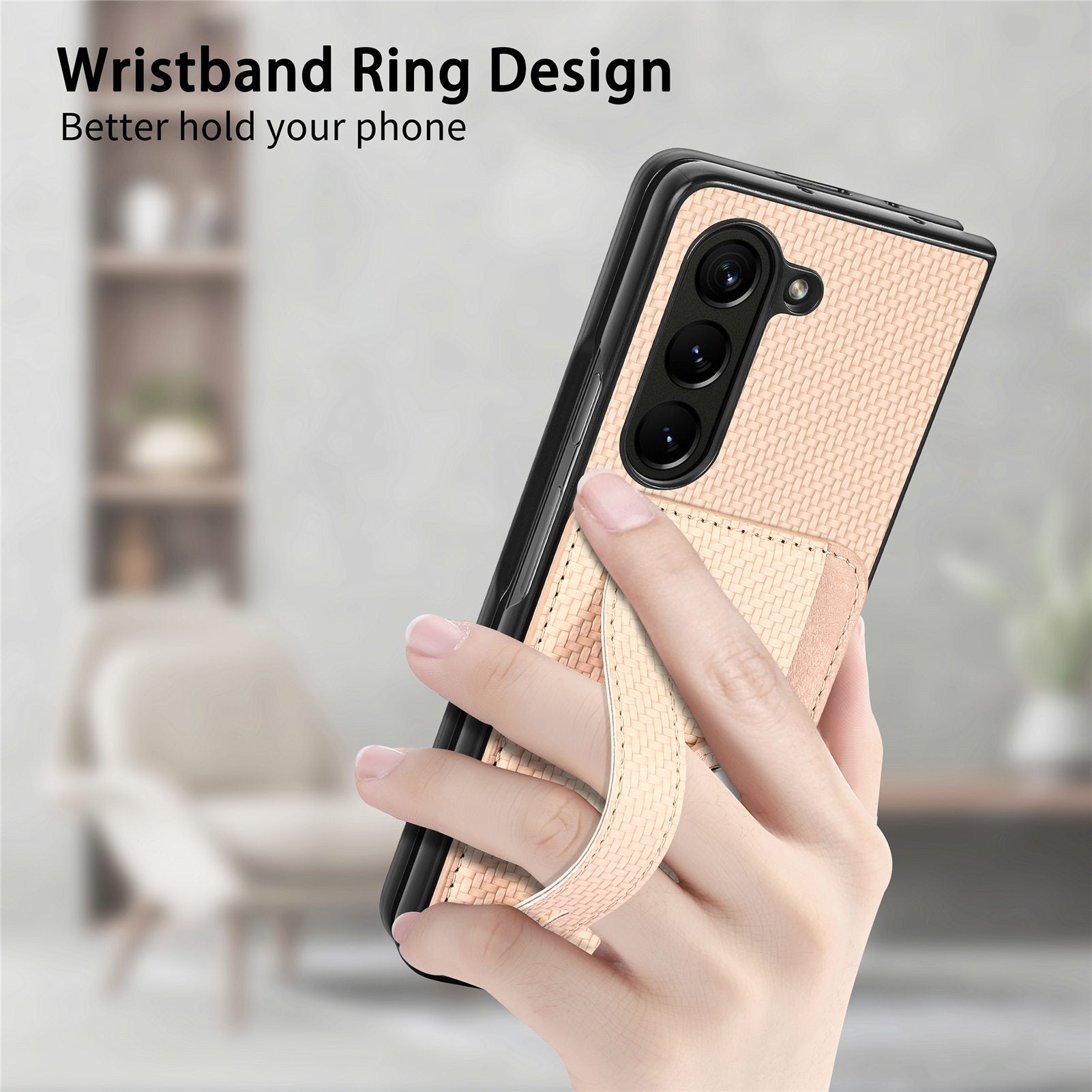 For Samsung Galaxy Z Fold6 5G Case Wristband PU Leather Phone Back Cover Carbon Fiber Texture - Khaki