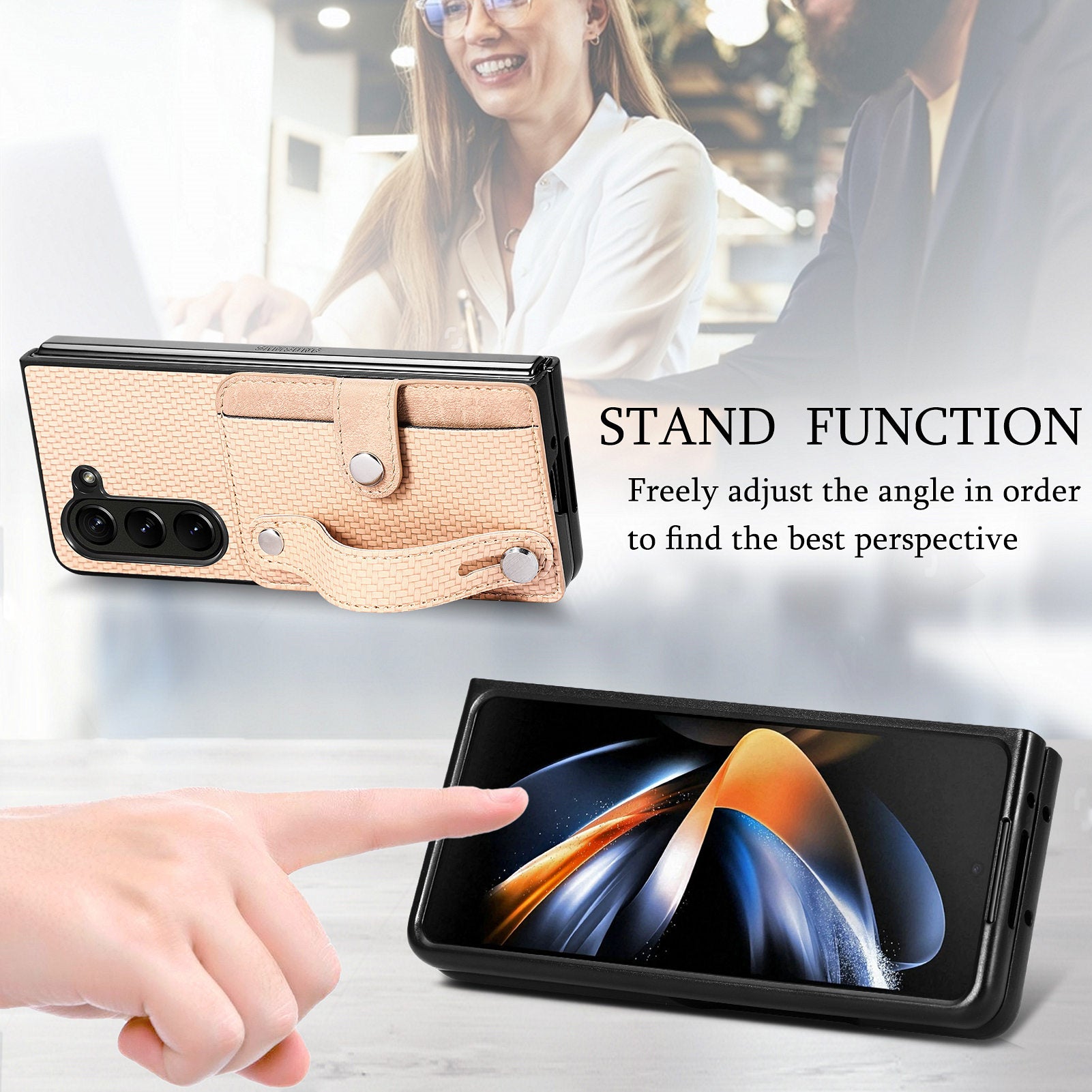 For Samsung Galaxy Z Fold6 5G Case Wristband PU Leather Phone Back Cover Carbon Fiber Texture - Khaki