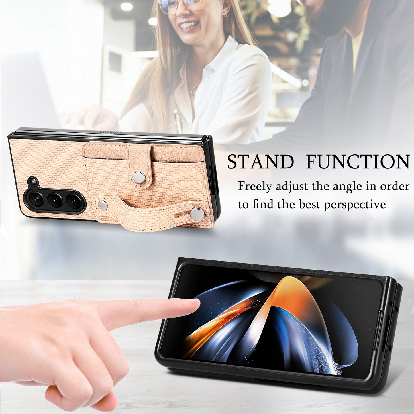 For Samsung Galaxy Z Fold6 5G Case Wristband PU Leather Phone Back Cover Carbon Fiber Texture - Khaki