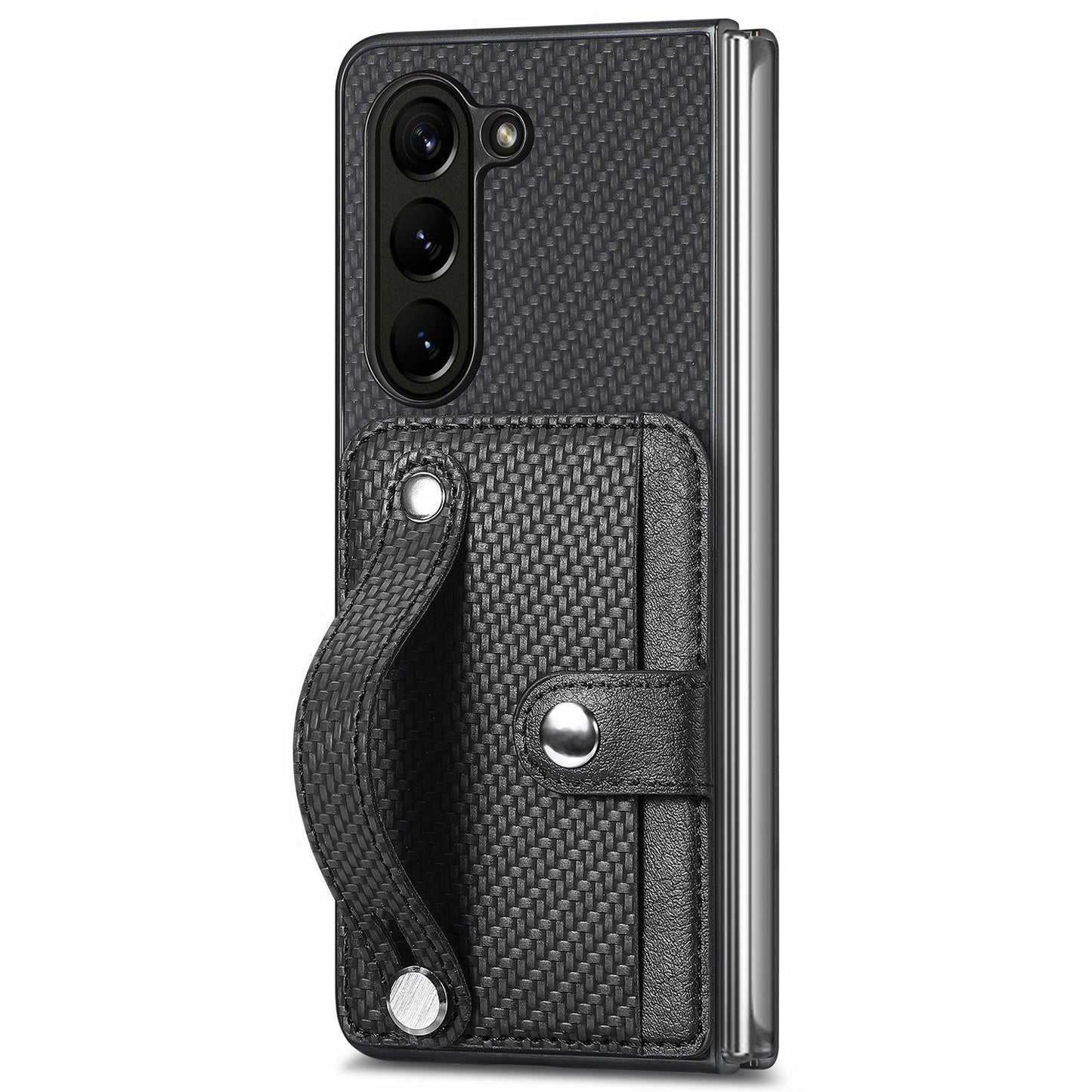 For Samsung Galaxy Z Fold6 5G Case Wristband PU Leather Phone Back Cover Carbon Fiber Texture - Black