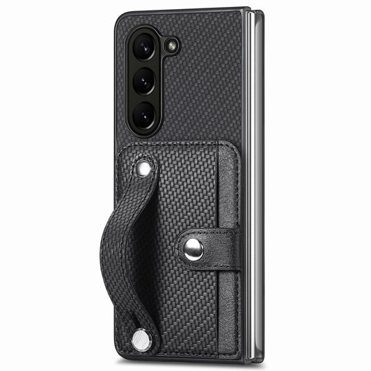 For Samsung Galaxy Z Fold6 5G Case Wristband PU Leather Phone Back Cover Carbon Fiber Texture - Black