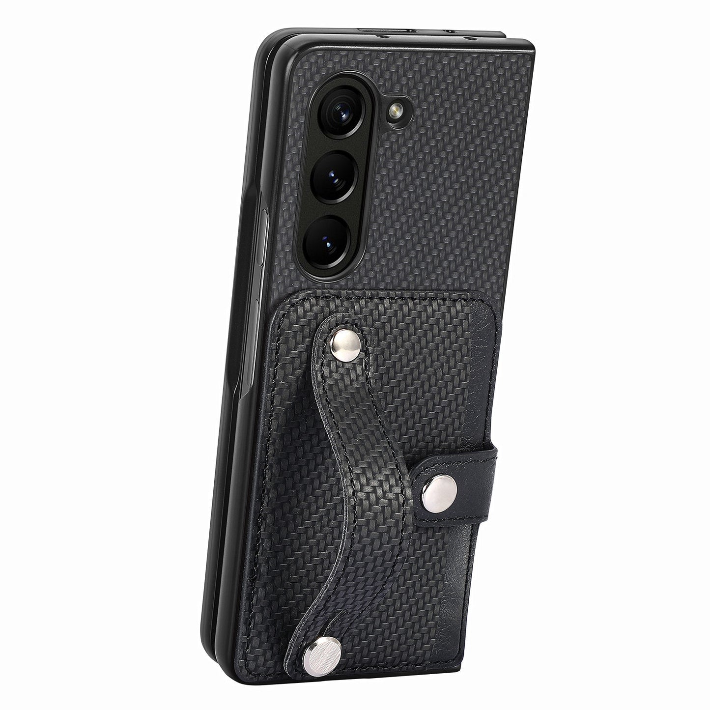For Samsung Galaxy Z Fold6 5G Case Wristband PU Leather Phone Back Cover Carbon Fiber Texture - Black