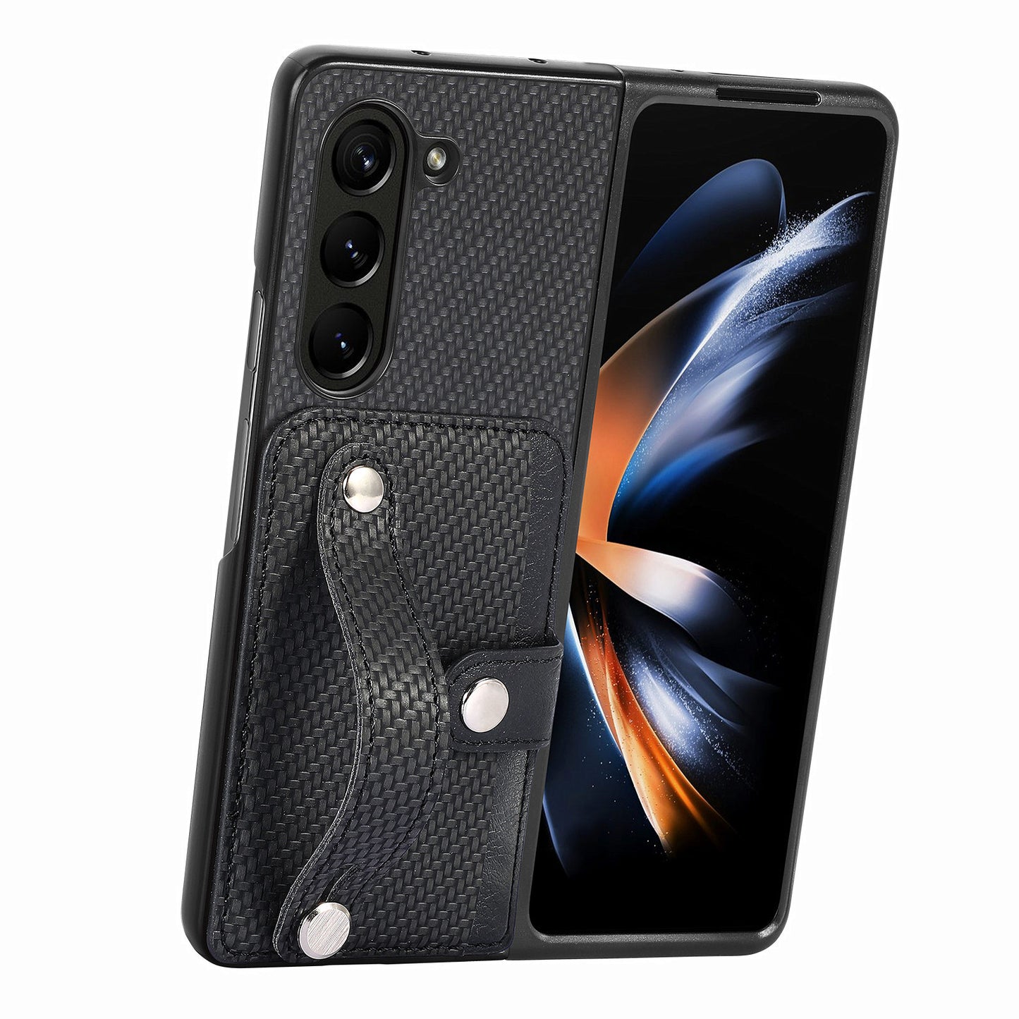 For Samsung Galaxy Z Fold6 5G Case Wristband PU Leather Phone Back Cover Carbon Fiber Texture - Black