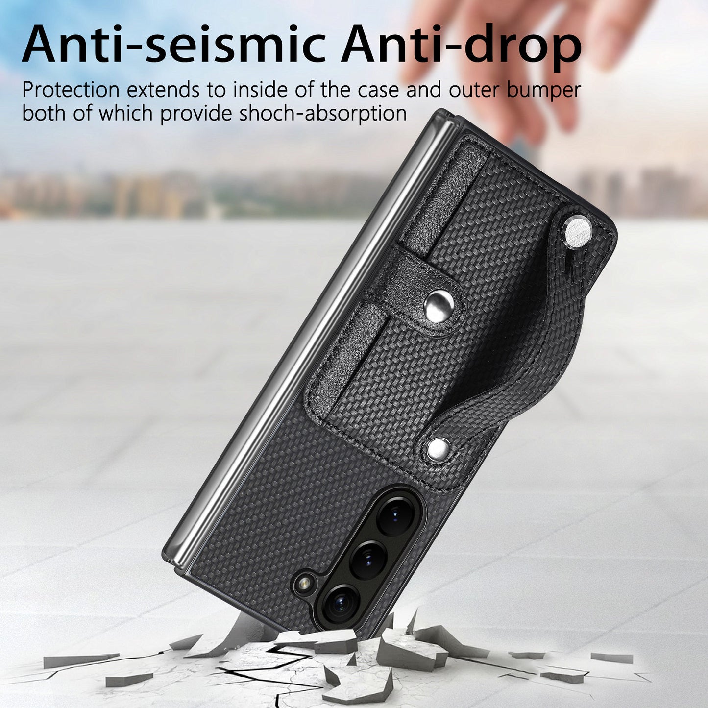 For Samsung Galaxy Z Fold6 5G Case Wristband PU Leather Phone Back Cover Carbon Fiber Texture - Black