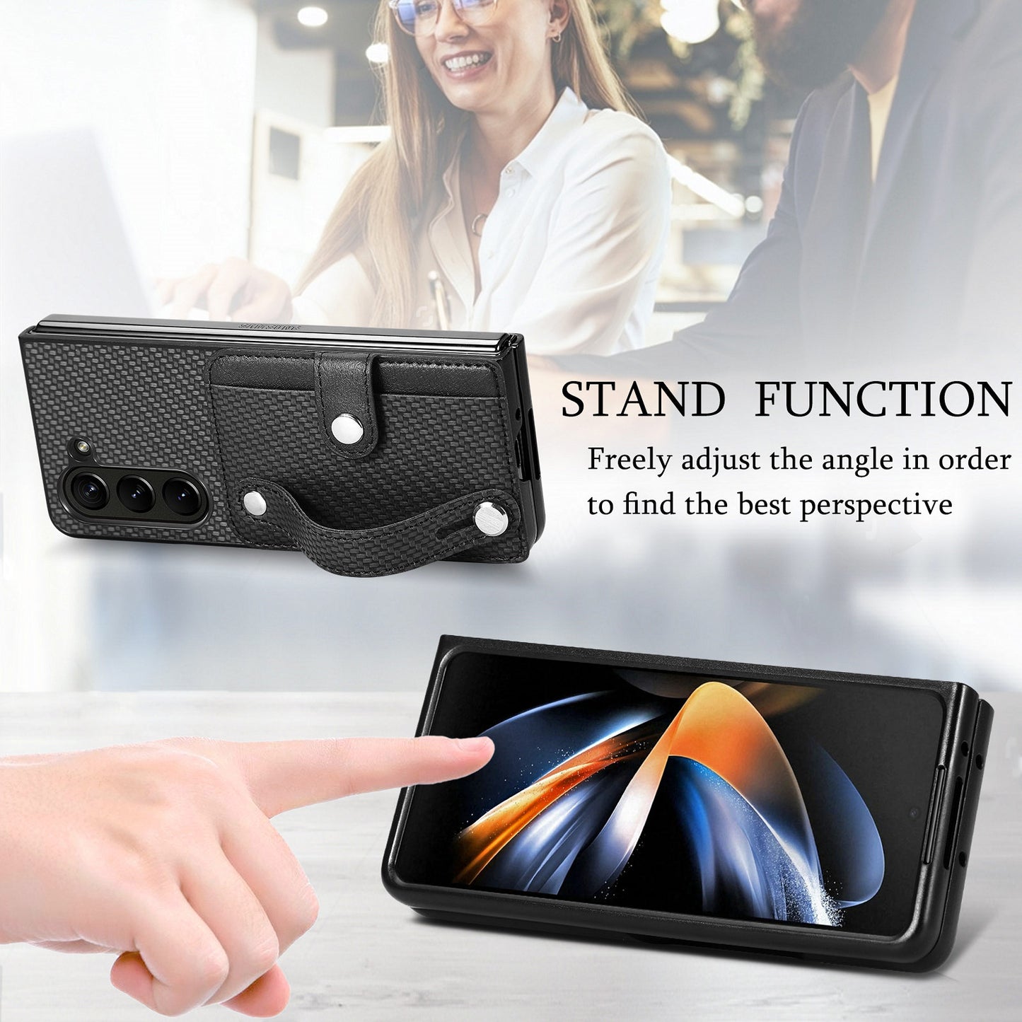 For Samsung Galaxy Z Fold6 5G Case Wristband PU Leather Phone Back Cover Carbon Fiber Texture - Black