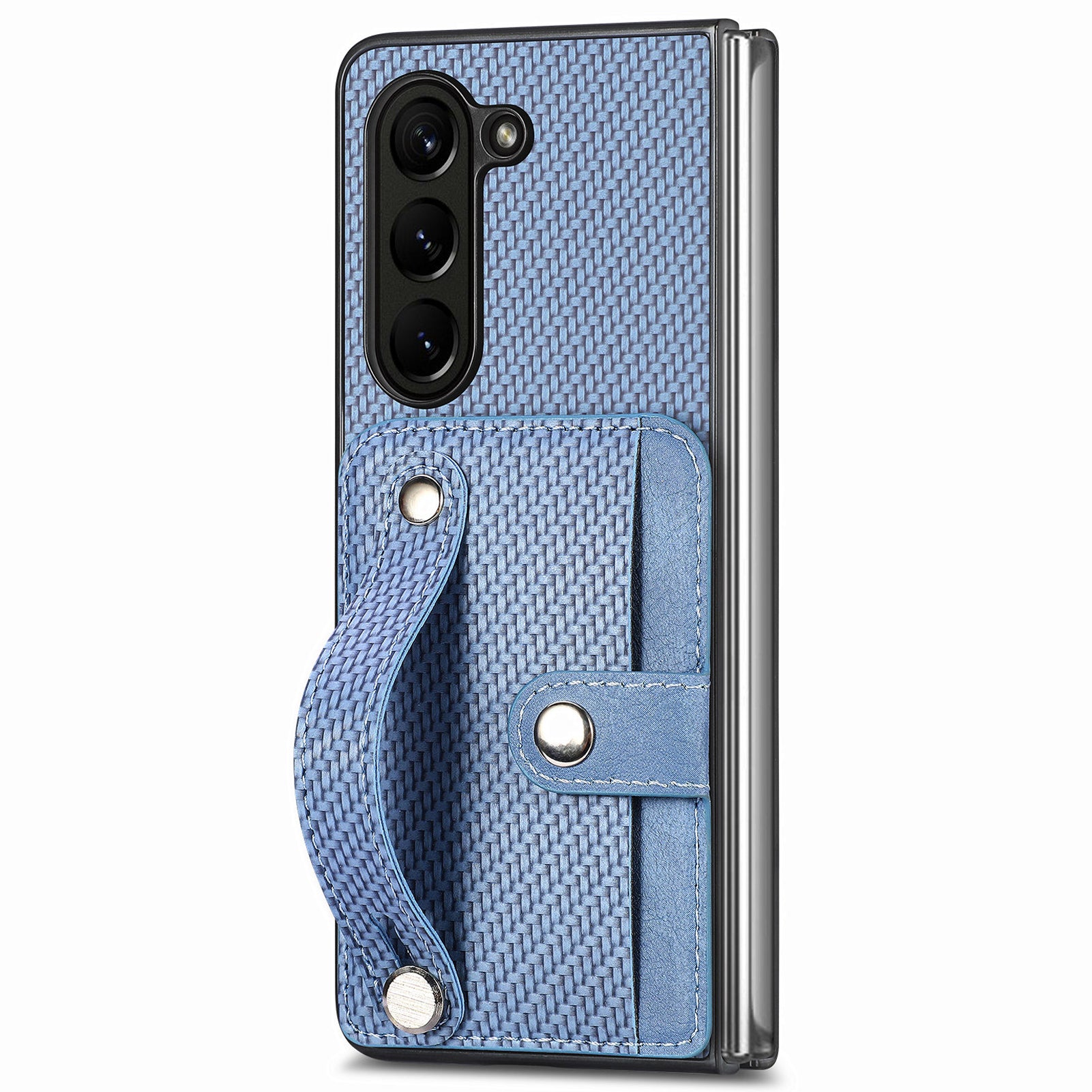 For Samsung Galaxy Z Fold6 5G Case Wristband PU Leather Phone Back Cover Carbon Fiber Texture - Blue