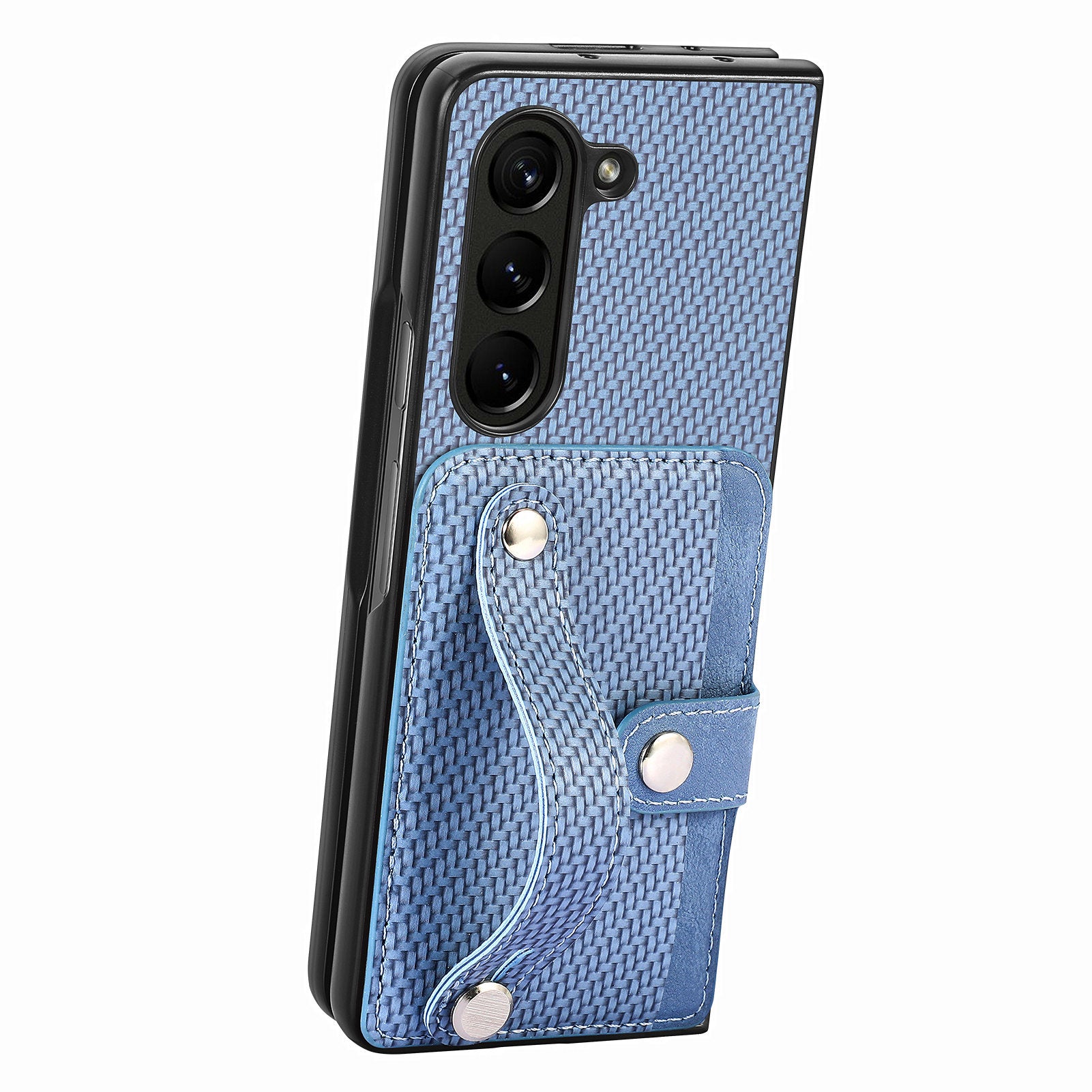 For Samsung Galaxy Z Fold6 5G Case Wristband PU Leather Phone Back Cover Carbon Fiber Texture - Blue