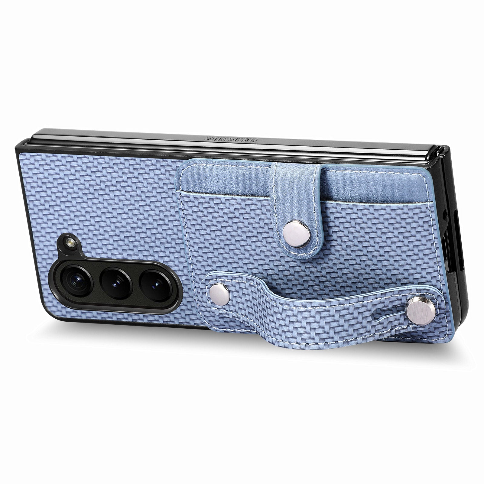 For Samsung Galaxy Z Fold6 5G Case Wristband PU Leather Phone Back Cover Carbon Fiber Texture - Blue
