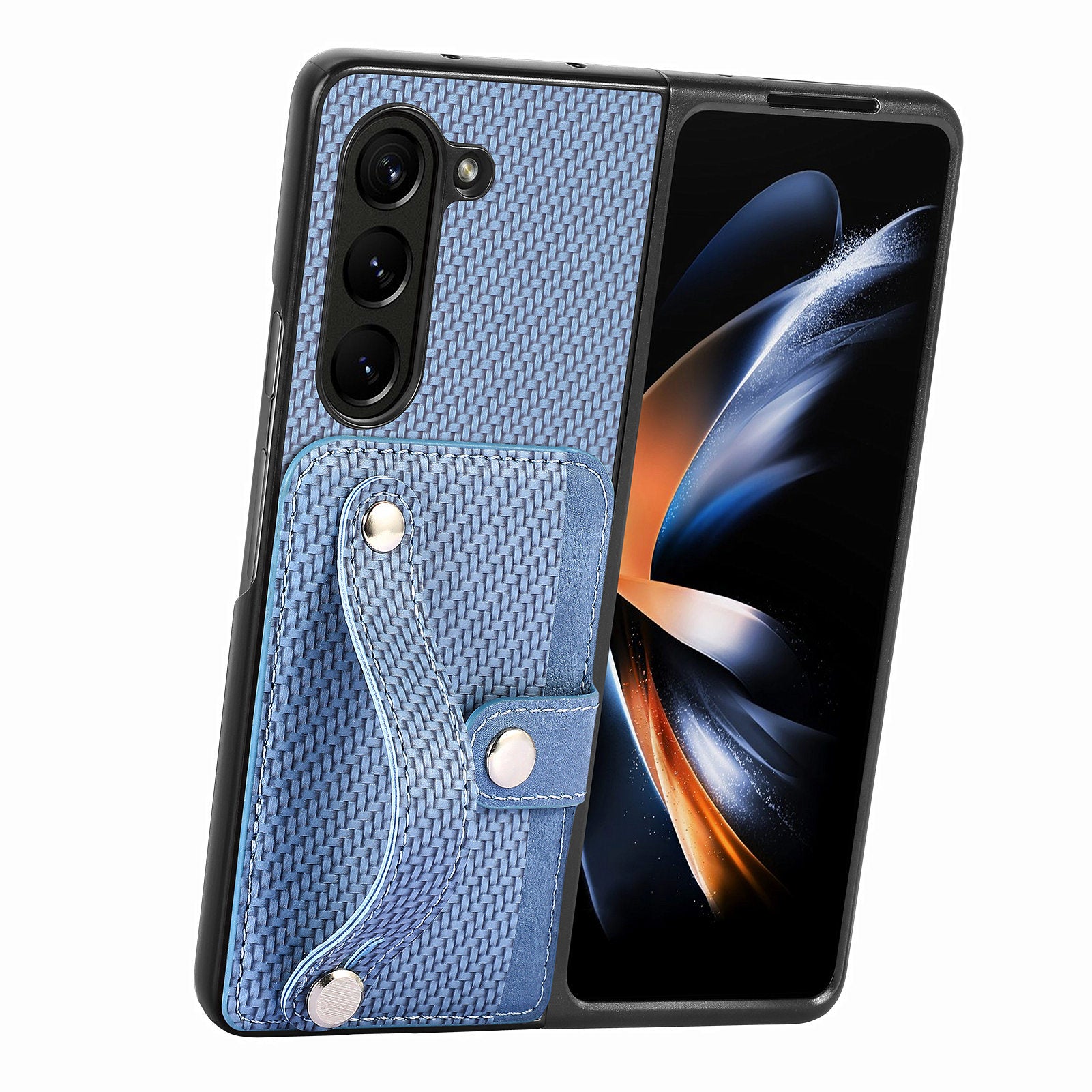 For Samsung Galaxy Z Fold6 5G Case Wristband PU Leather Phone Back Cover Carbon Fiber Texture - Blue