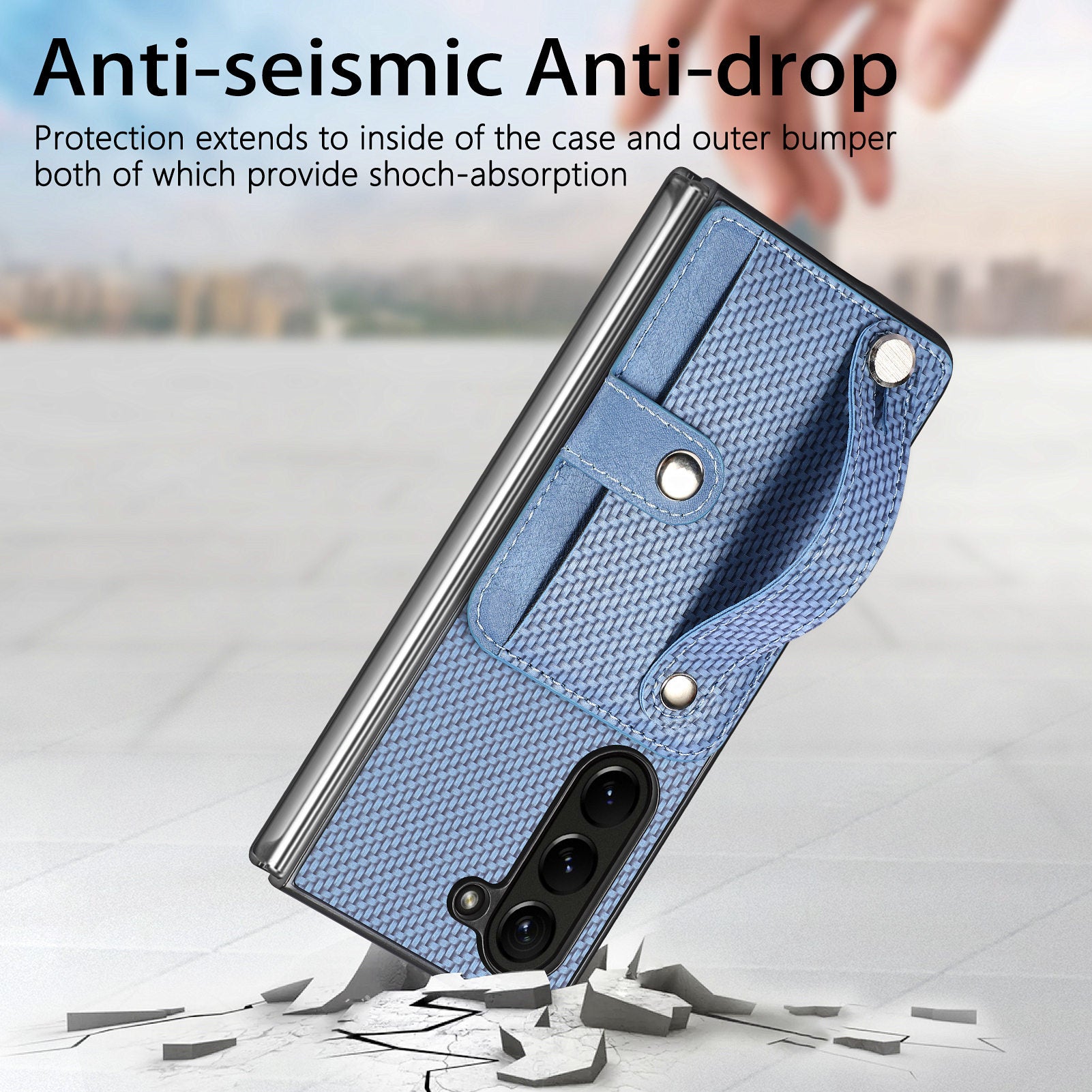 For Samsung Galaxy Z Fold6 5G Case Wristband PU Leather Phone Back Cover Carbon Fiber Texture - Blue