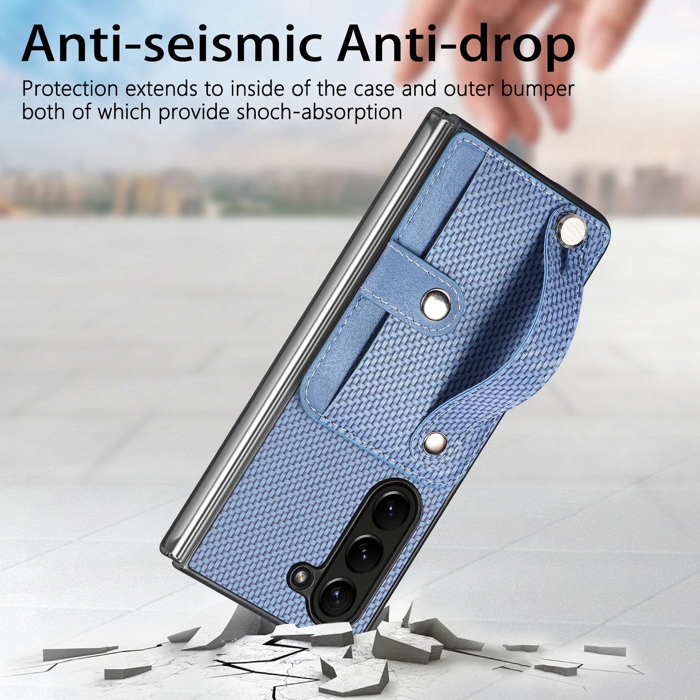 For Samsung Galaxy Z Fold6 5G Case Wristband PU Leather Phone Back Cover Carbon Fiber Texture - Blue