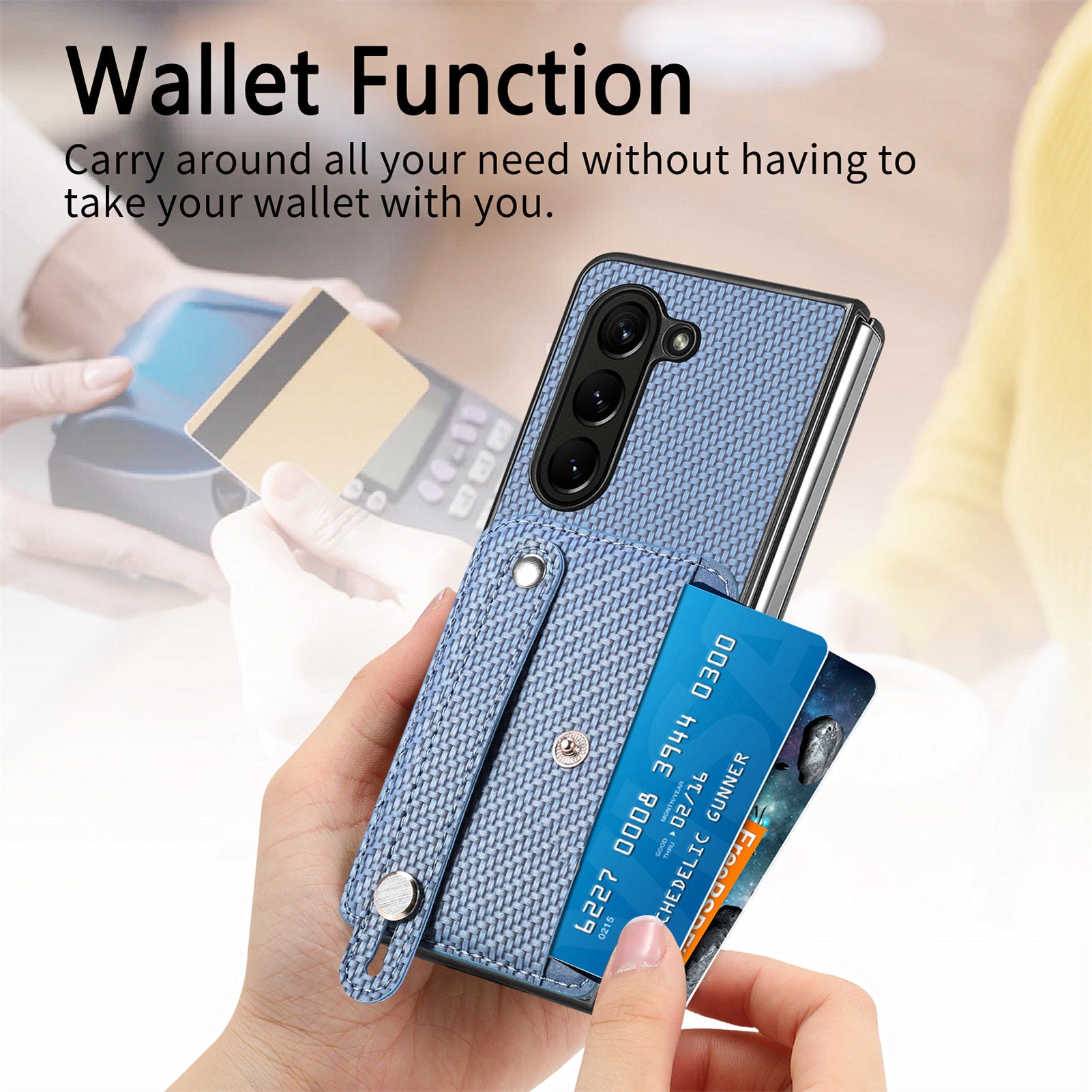 For Samsung Galaxy Z Fold6 5G Case Wristband PU Leather Phone Back Cover Carbon Fiber Texture - Blue