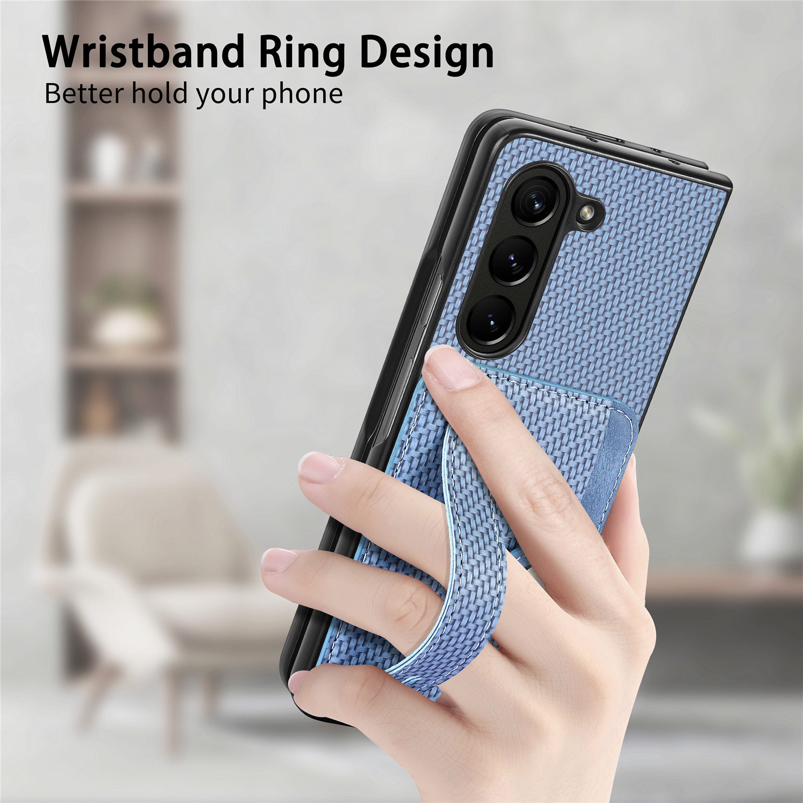 For Samsung Galaxy Z Fold6 5G Case Wristband PU Leather Phone Back Cover Carbon Fiber Texture - Blue