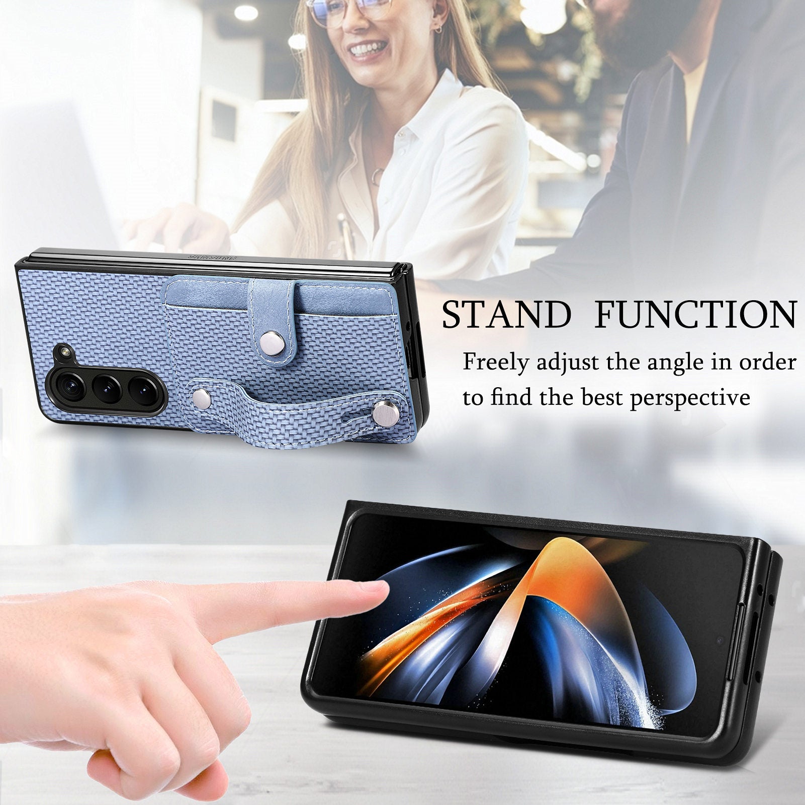 For Samsung Galaxy Z Fold6 5G Case Wristband PU Leather Phone Back Cover Carbon Fiber Texture - Blue