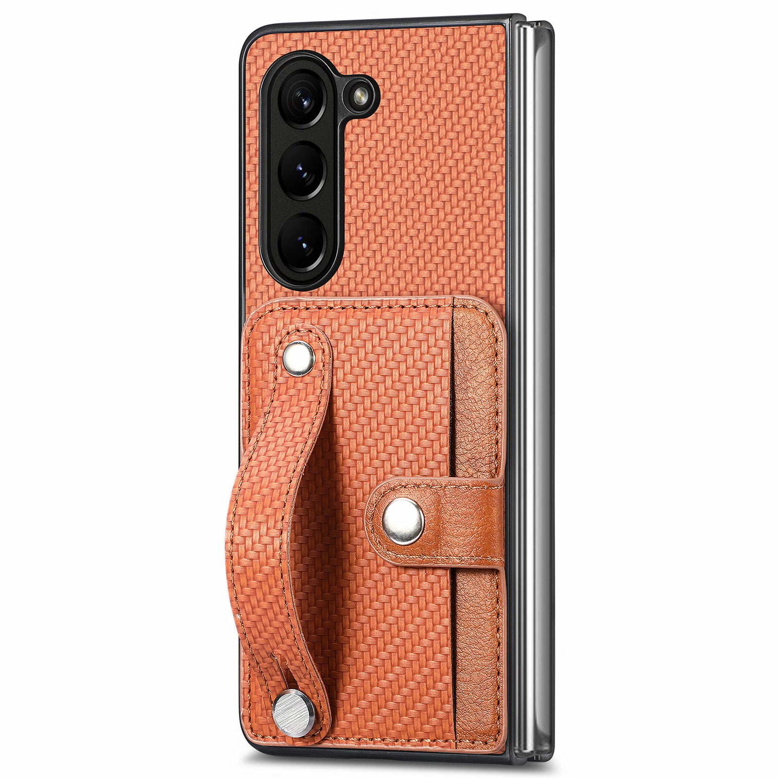 For Samsung Galaxy Z Fold6 5G Case Wristband PU Leather Phone Back Cover Carbon Fiber Texture - Brown