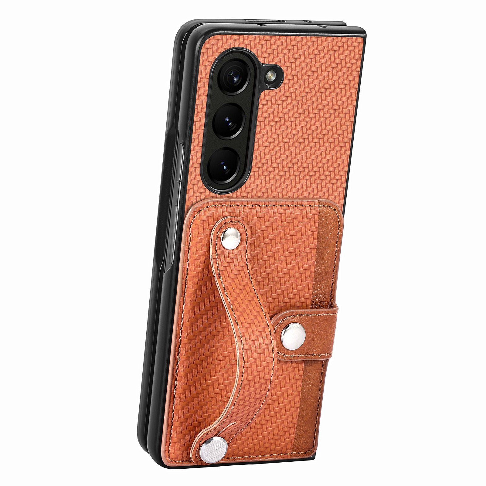 For Samsung Galaxy Z Fold6 5G Case Wristband PU Leather Phone Back Cover Carbon Fiber Texture - Brown