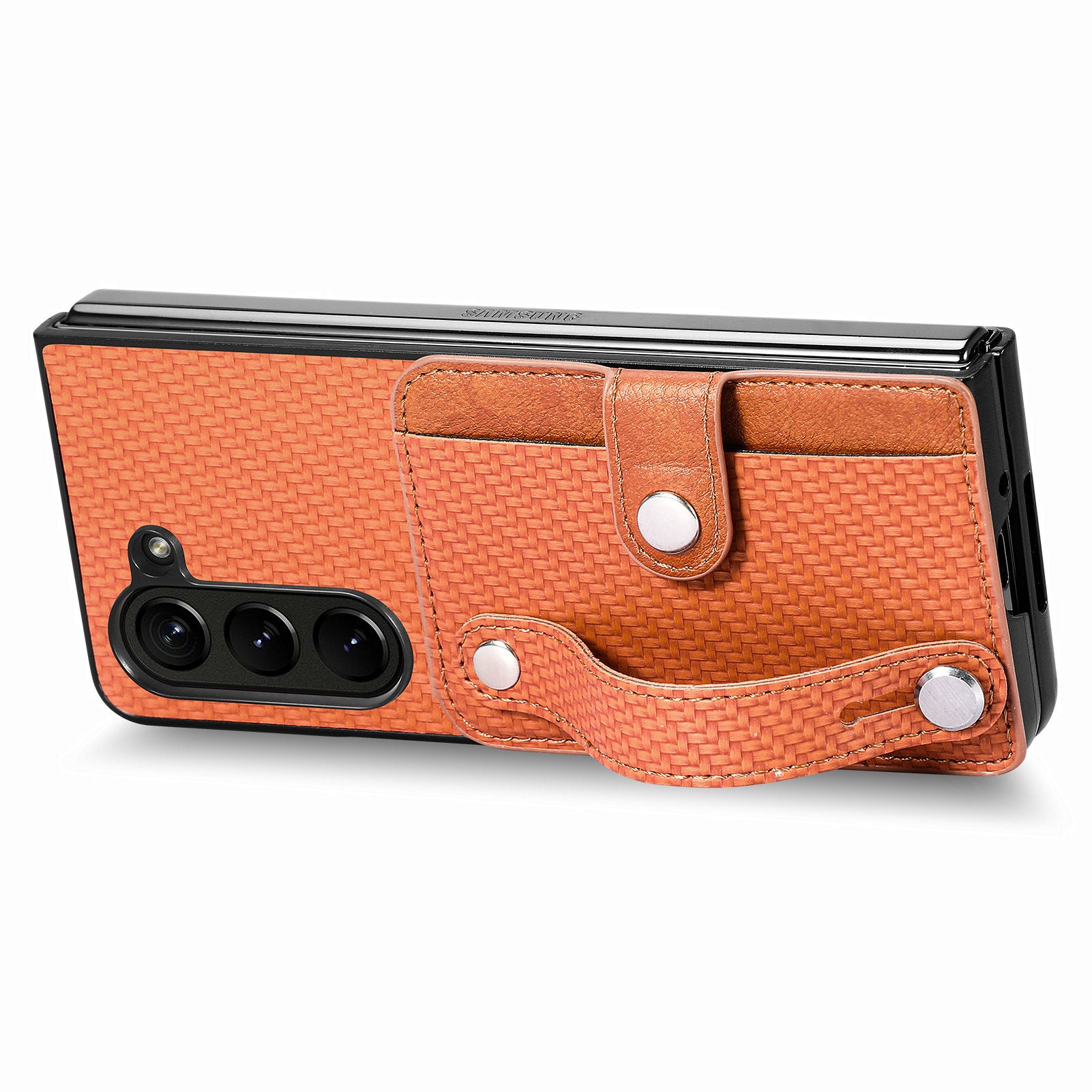 For Samsung Galaxy Z Fold6 5G Case Wristband PU Leather Phone Back Cover Carbon Fiber Texture - Brown