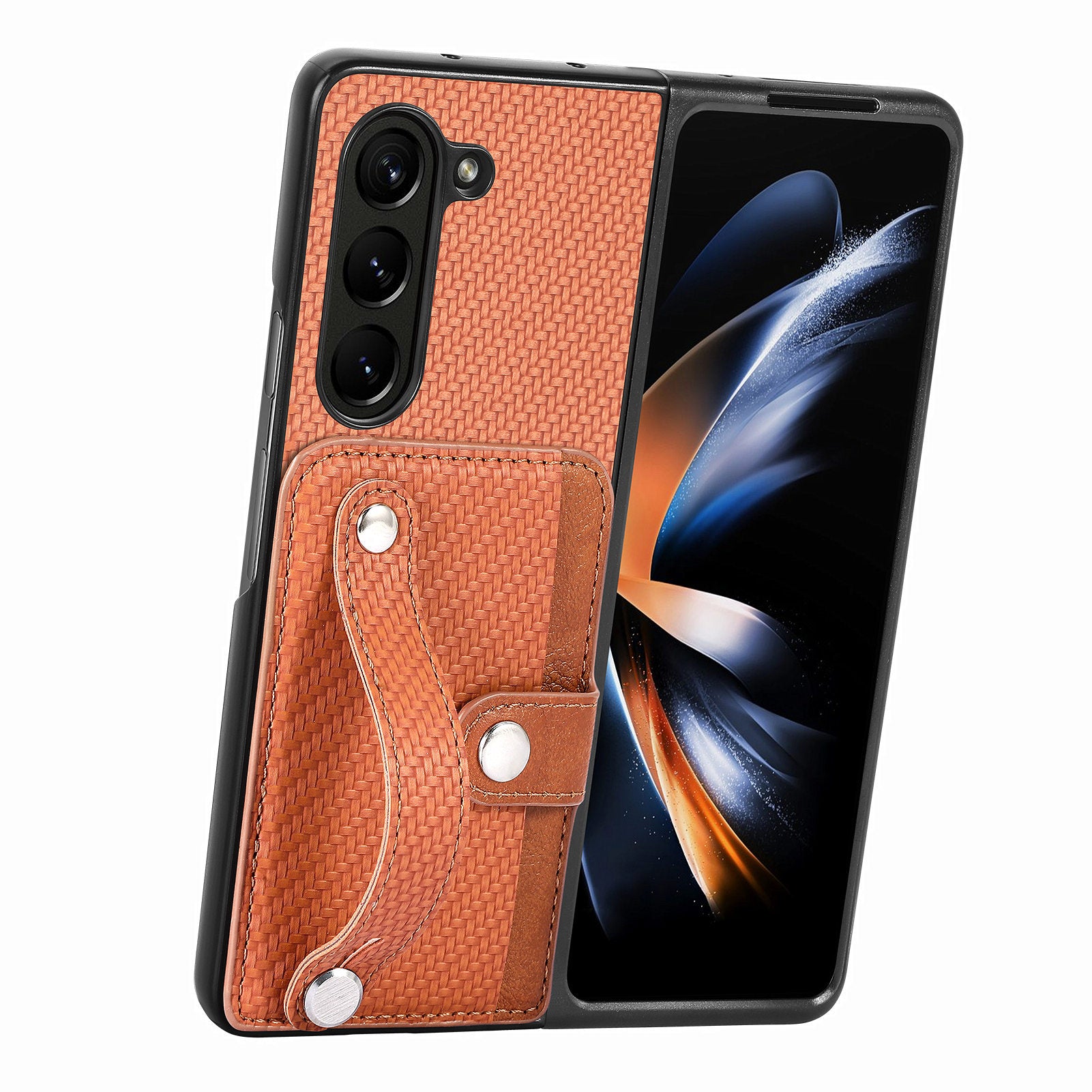For Samsung Galaxy Z Fold6 5G Case Wristband PU Leather Phone Back Cover Carbon Fiber Texture - Brown