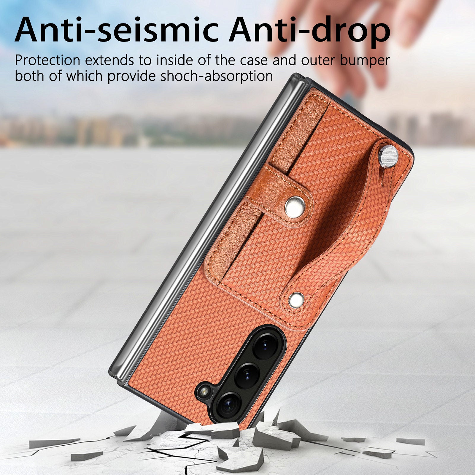 For Samsung Galaxy Z Fold6 5G Case Wristband PU Leather Phone Back Cover Carbon Fiber Texture - Brown