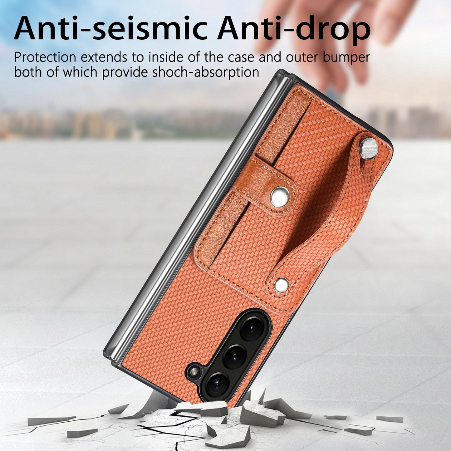 For Samsung Galaxy Z Fold6 5G Case Wristband PU Leather Phone Back Cover Carbon Fiber Texture - Brown