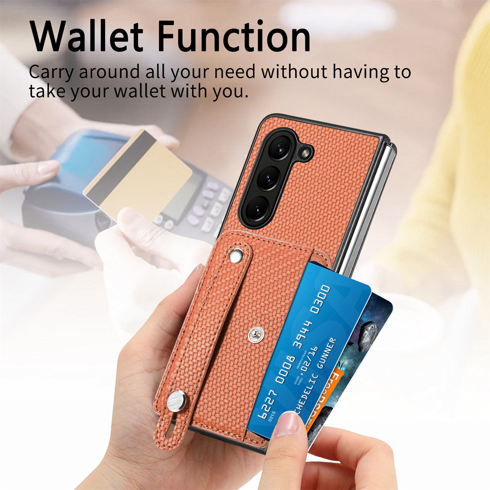 For Samsung Galaxy Z Fold6 5G Case Wristband PU Leather Phone Back Cover Carbon Fiber Texture - Brown