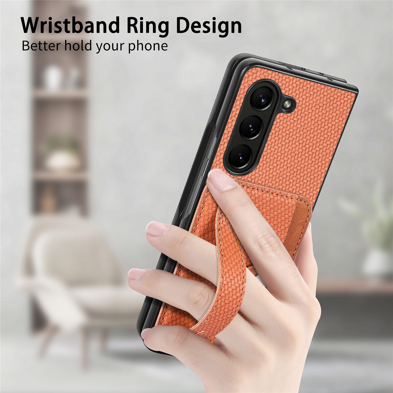 For Samsung Galaxy Z Fold6 5G Case Wristband PU Leather Phone Back Cover Carbon Fiber Texture - Brown
