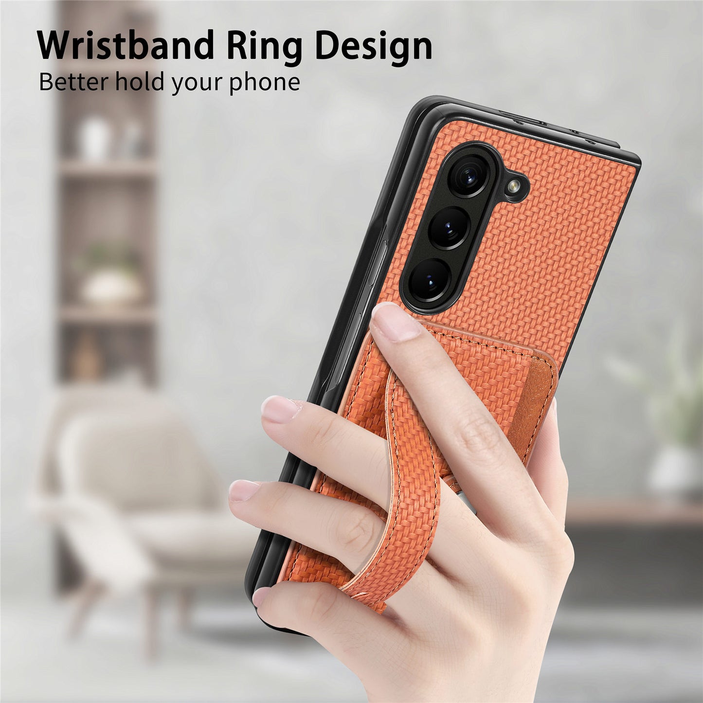 For Samsung Galaxy Z Fold6 5G Case Wristband PU Leather Phone Back Cover Carbon Fiber Texture - Brown