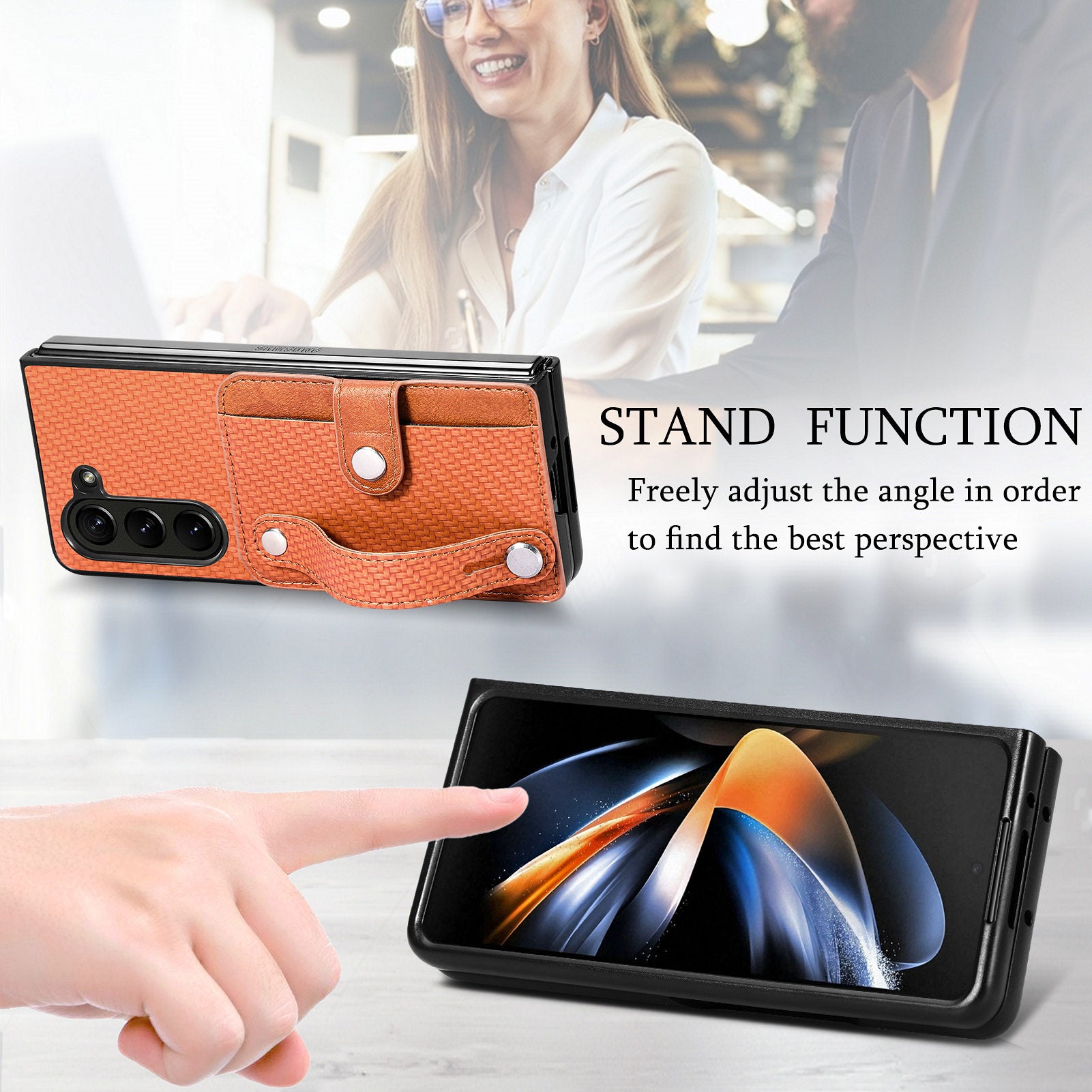 For Samsung Galaxy Z Fold6 5G Case Wristband PU Leather Phone Back Cover Carbon Fiber Texture - Brown