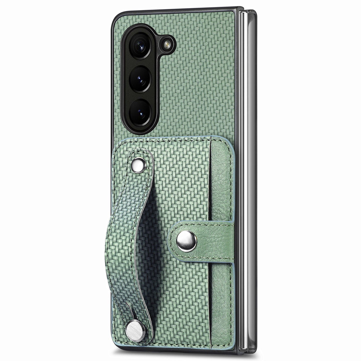 For Samsung Galaxy Z Fold6 5G Case Wristband PU Leather Phone Back Cover Carbon Fiber Texture - Green