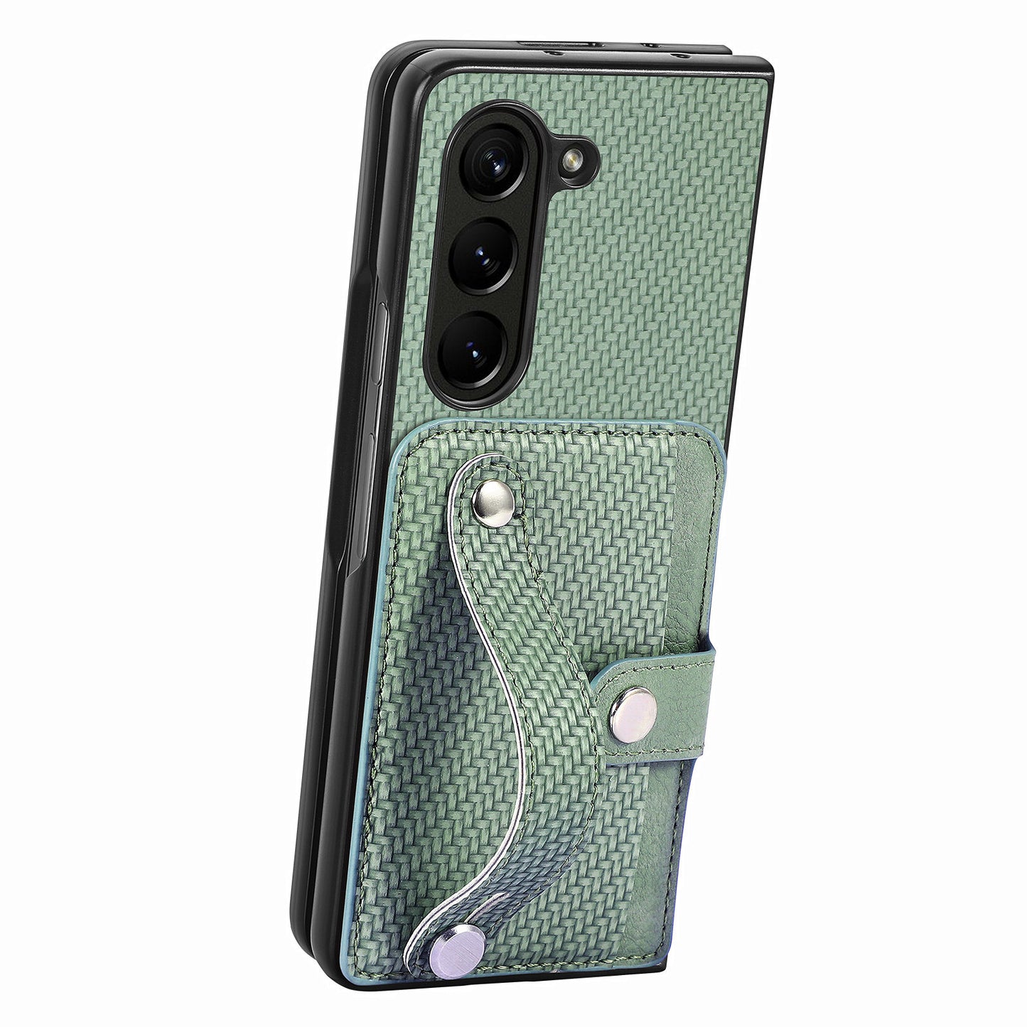 For Samsung Galaxy Z Fold6 5G Case Wristband PU Leather Phone Back Cover Carbon Fiber Texture - Green
