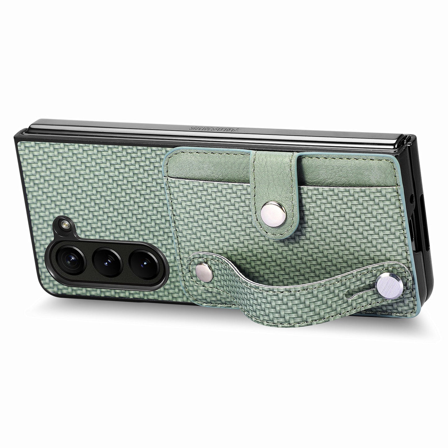 For Samsung Galaxy Z Fold6 5G Case Wristband PU Leather Phone Back Cover Carbon Fiber Texture - Green