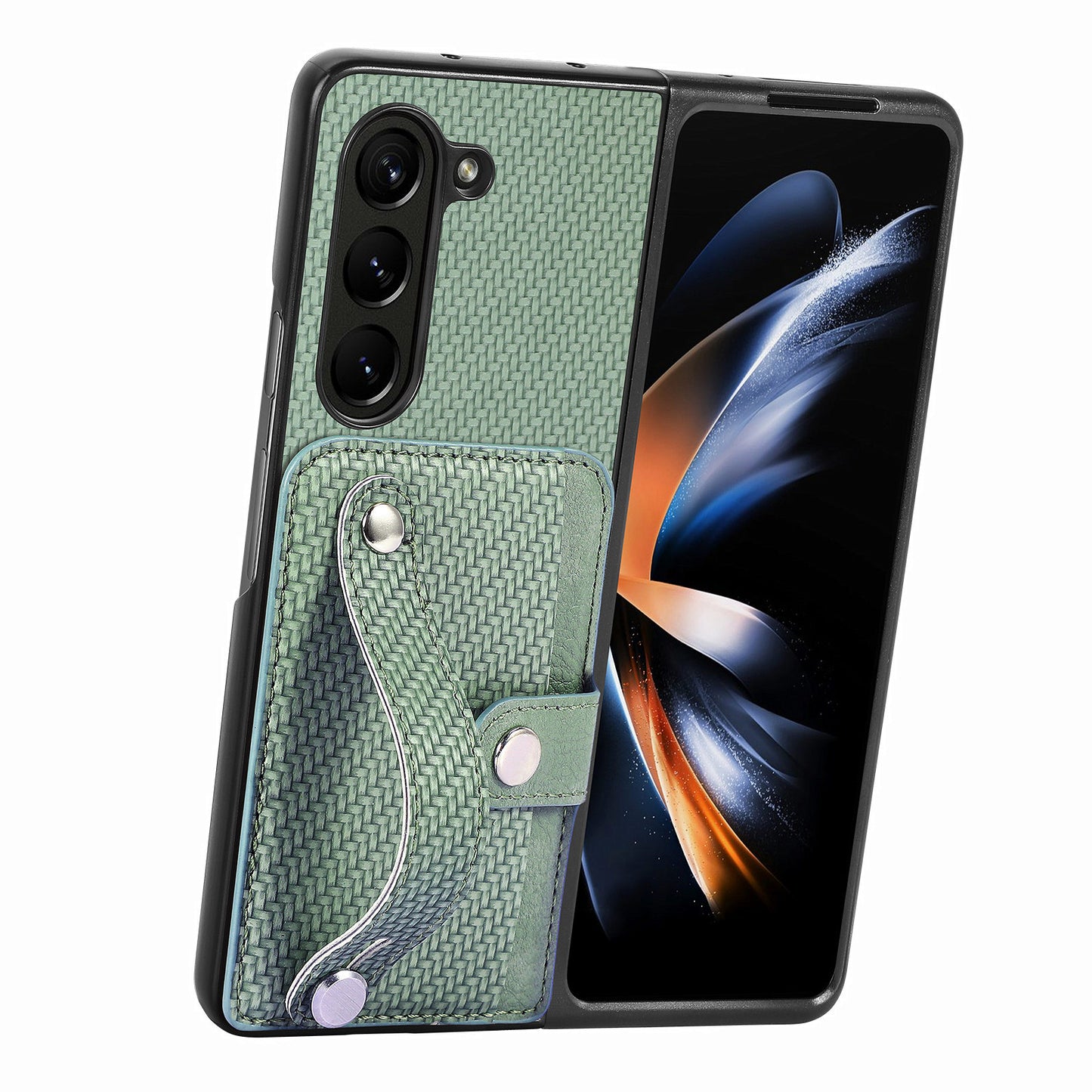 For Samsung Galaxy Z Fold6 5G Case Wristband PU Leather Phone Back Cover Carbon Fiber Texture - Green