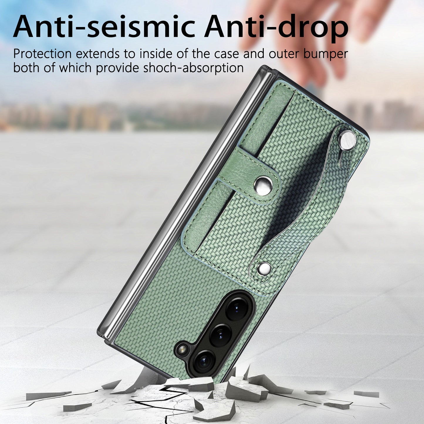 For Samsung Galaxy Z Fold6 5G Case Wristband PU Leather Phone Back Cover Carbon Fiber Texture - Green