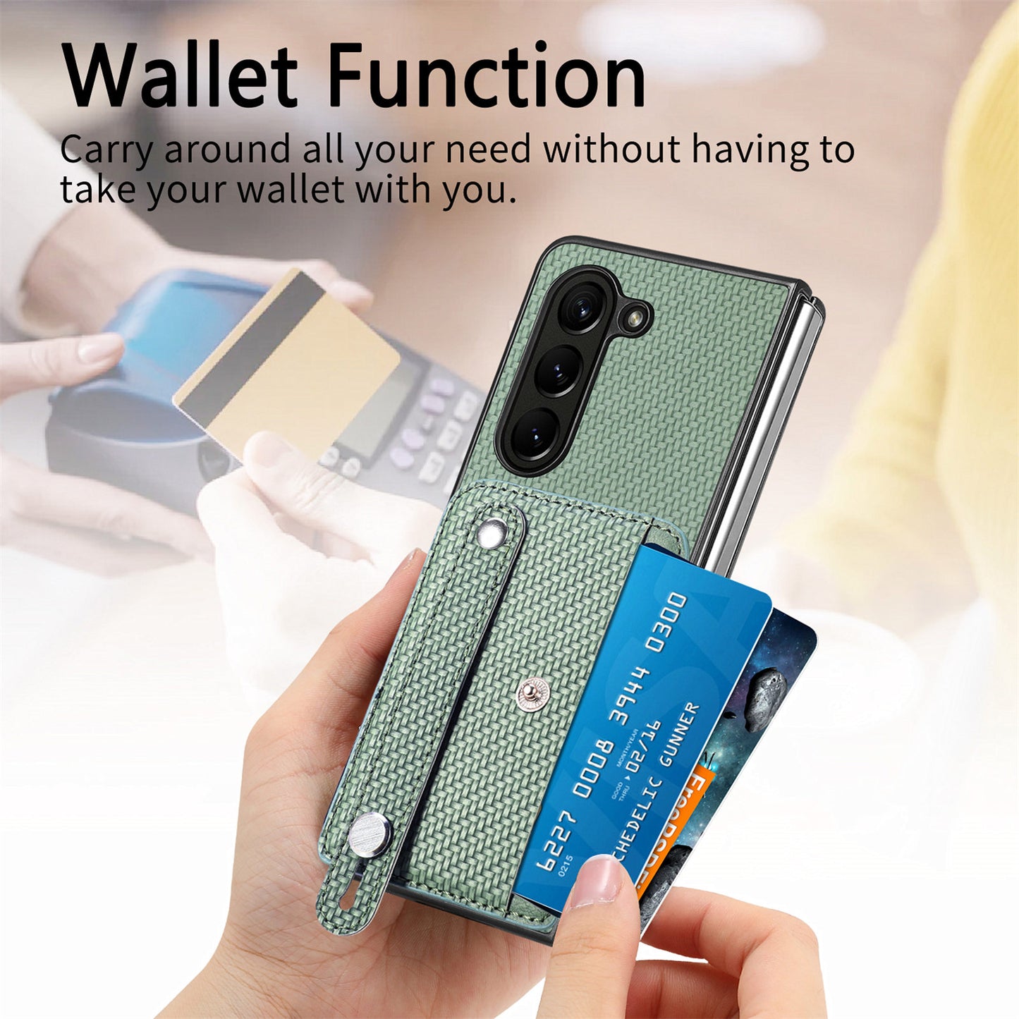 For Samsung Galaxy Z Fold6 5G Case Wristband PU Leather Phone Back Cover Carbon Fiber Texture - Green