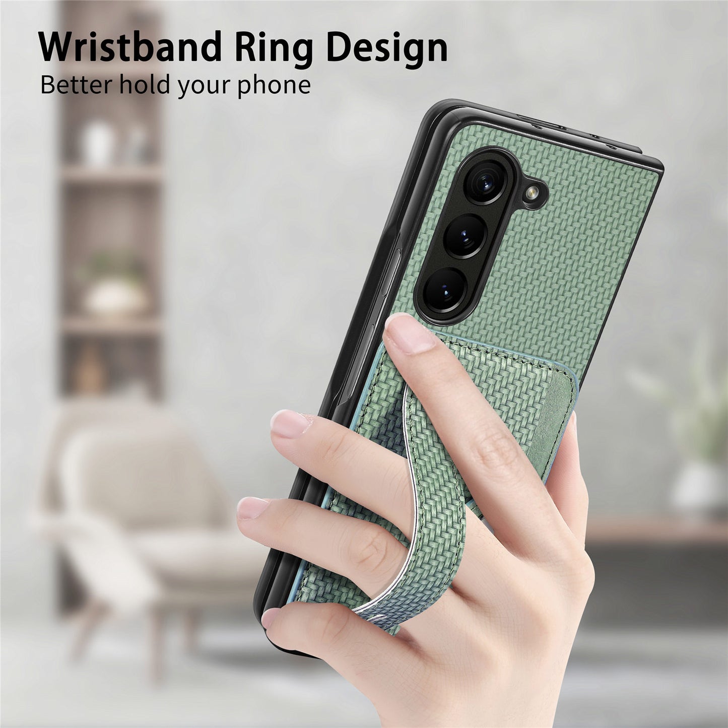 For Samsung Galaxy Z Fold6 5G Case Wristband PU Leather Phone Back Cover Carbon Fiber Texture - Green