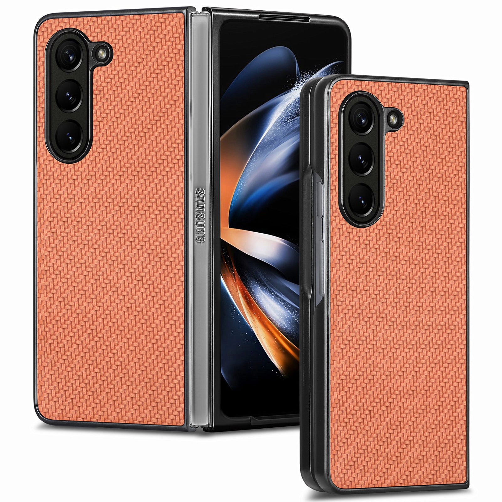 For Samsung Galaxy Z Fold6 5G Case Carbon Fiber Texture Leather Back Cover Anti-Slip - Brown