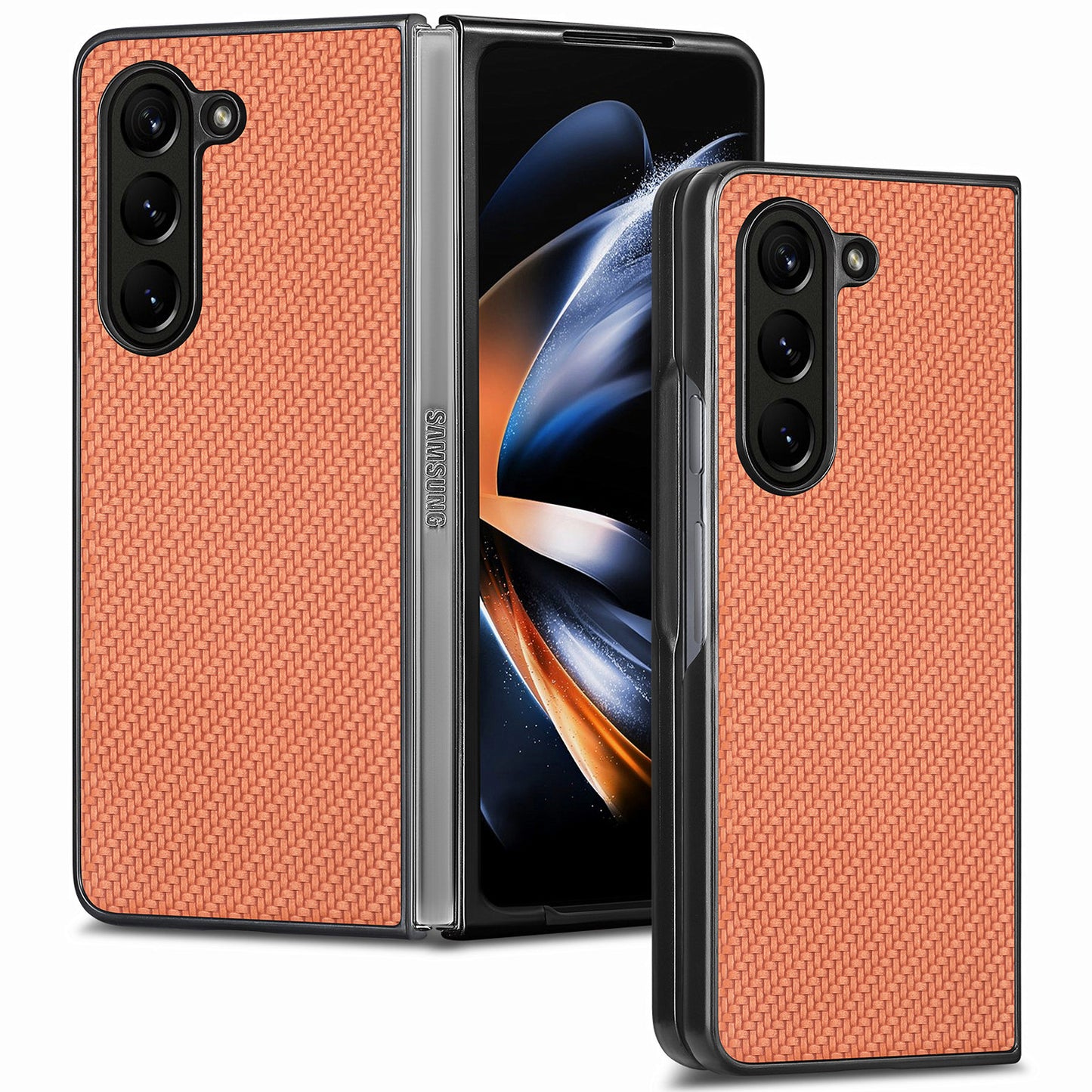 For Samsung Galaxy Z Fold6 5G Case Carbon Fiber Texture Leather Back Cover Anti-Slip - Brown
