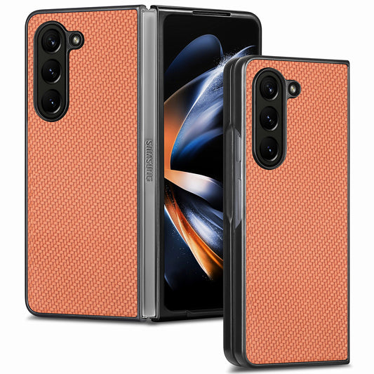 For Samsung Galaxy Z Fold6 5G Case Carbon Fiber Texture Leather Back Cover Anti-Slip - Brown