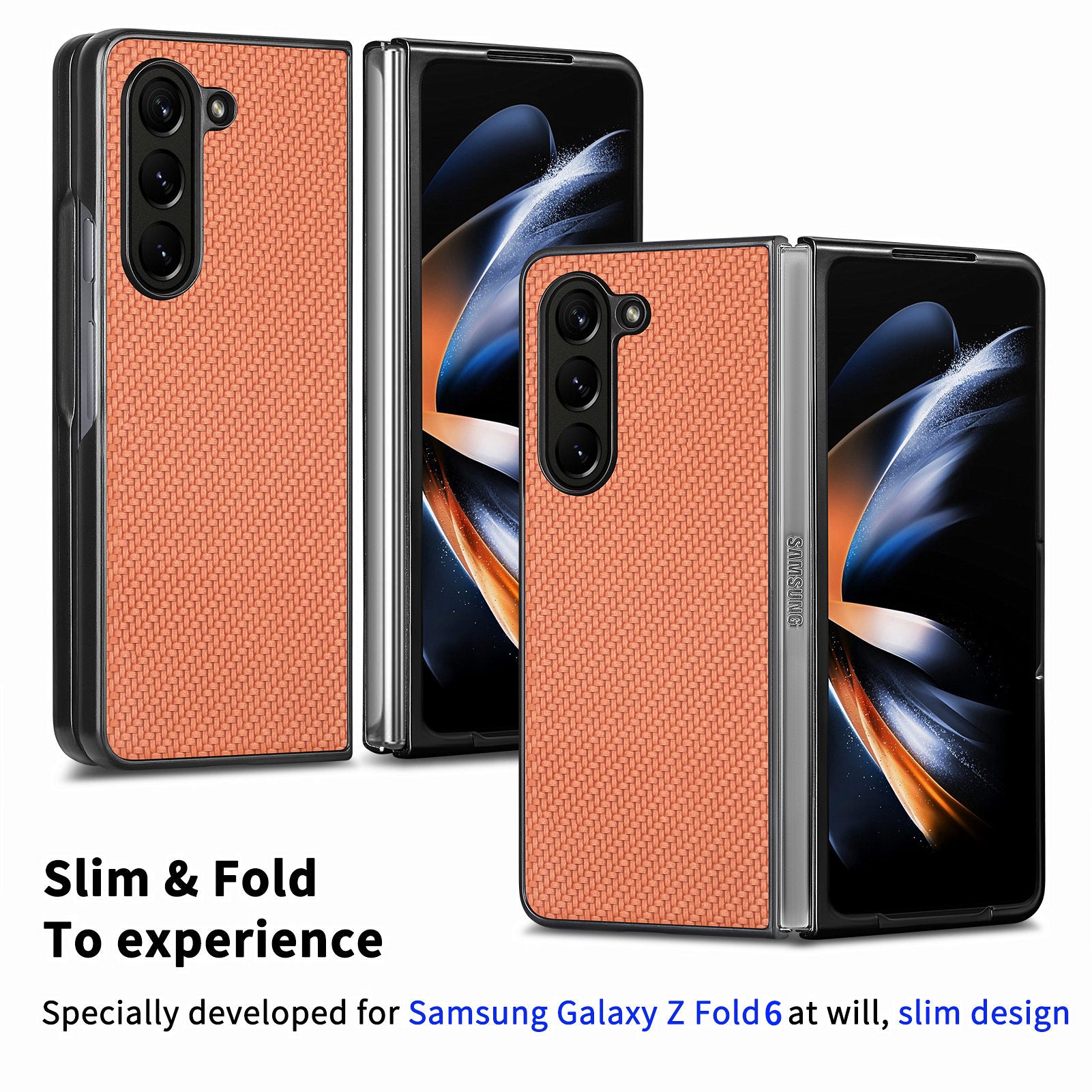 For Samsung Galaxy Z Fold6 5G Case Carbon Fiber Texture Leather Back Cover Anti-Slip - Brown