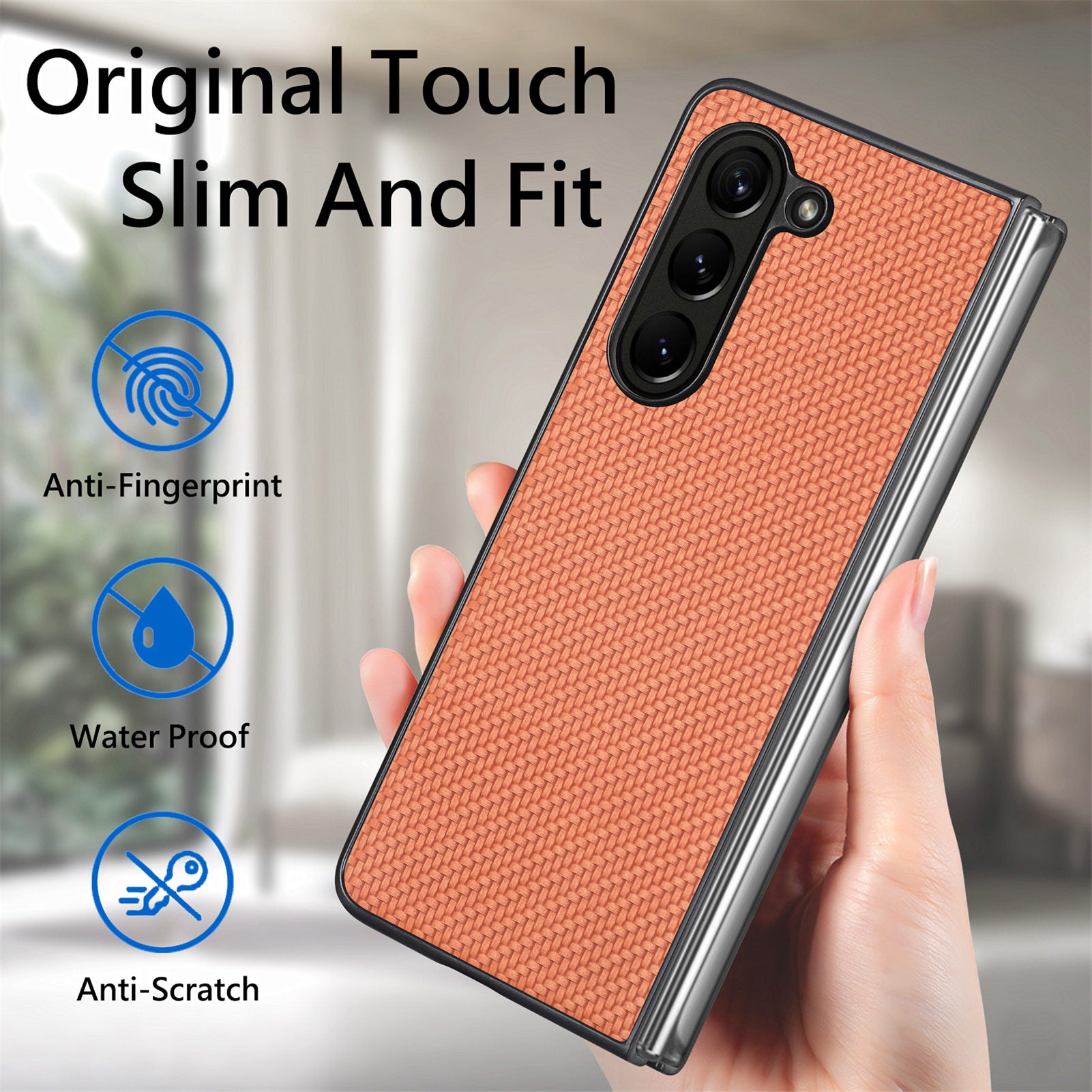 For Samsung Galaxy Z Fold6 5G Case Carbon Fiber Texture Leather Back Cover Anti-Slip - Brown