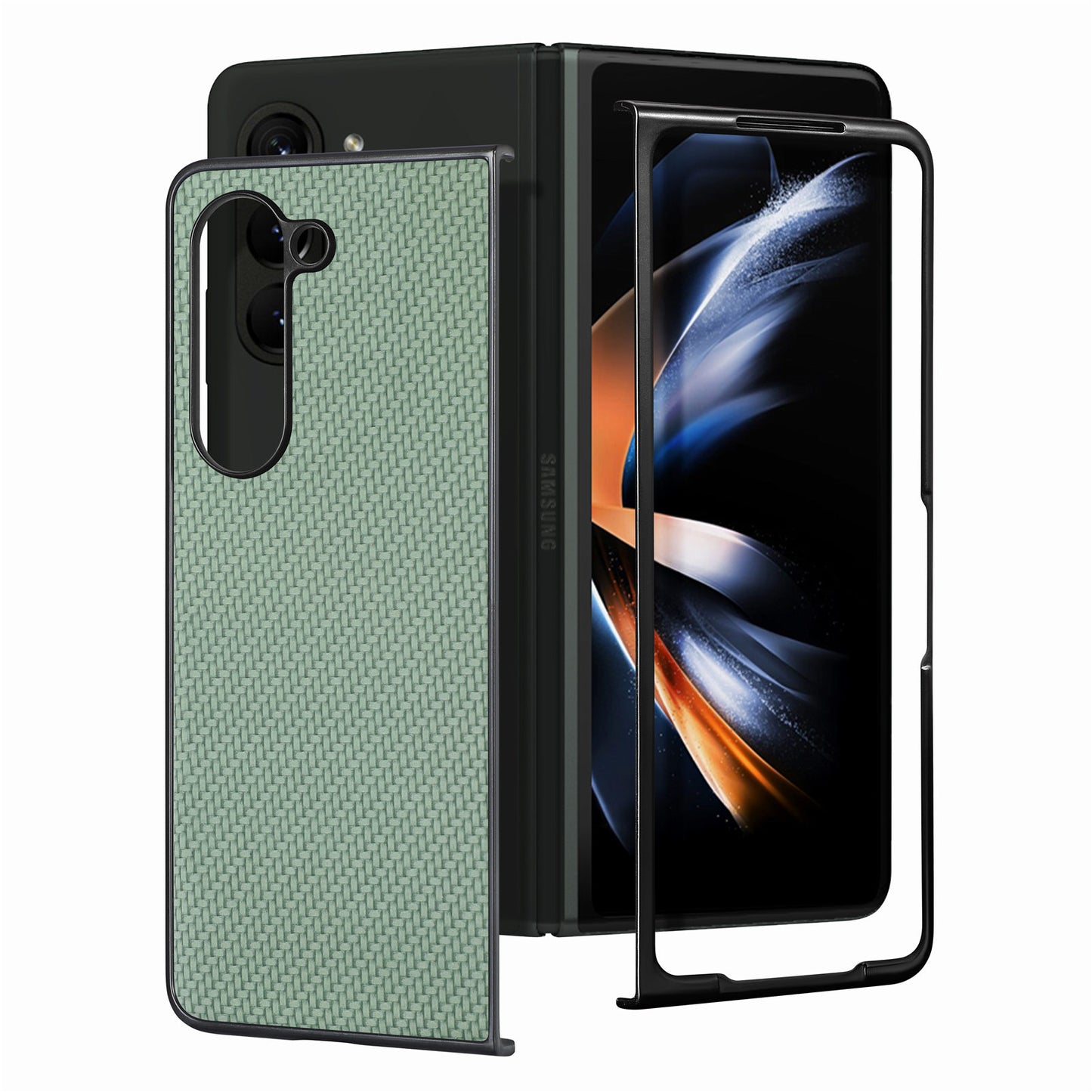 For Samsung Galaxy Z Fold6 5G Case Carbon Fiber Texture Leather Back Cover Anti-Slip - Green